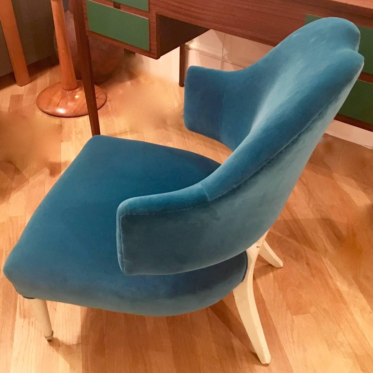 Mid-Century Modern Slipper Chairs Chauffeuses Overpainted White, Blue Velour Upholstery, 1950s Pair