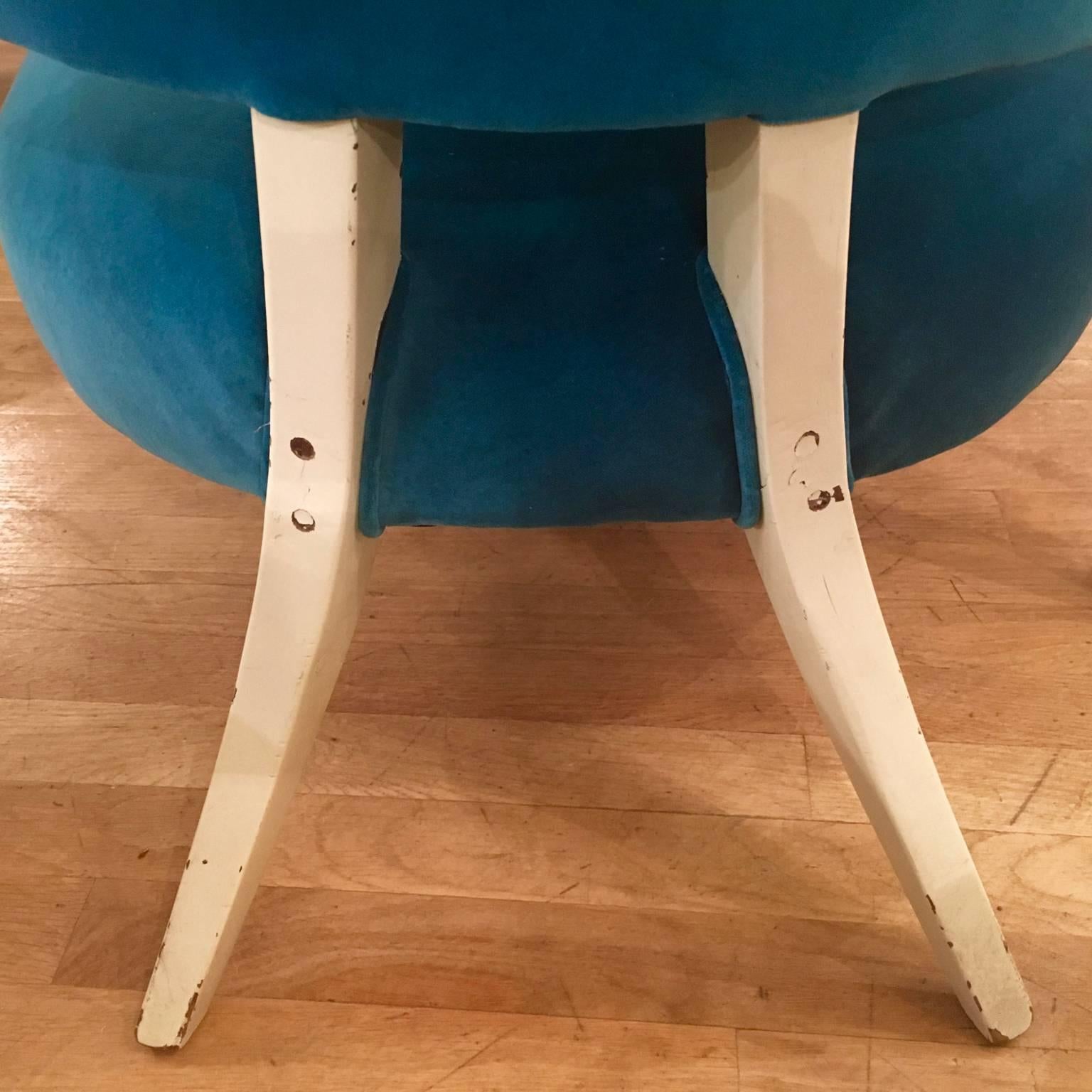 European Slipper Chairs Chauffeuses Overpainted White, Blue Velour Upholstery, 1950s Pair