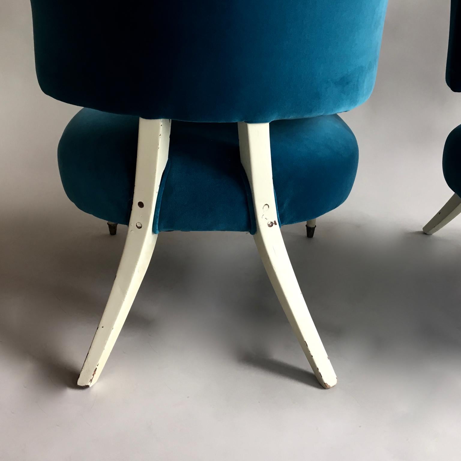 Painted Slipper Chairs Chauffeuses Overpainted White, Blue Velour Upholstery, 1950s Pair
