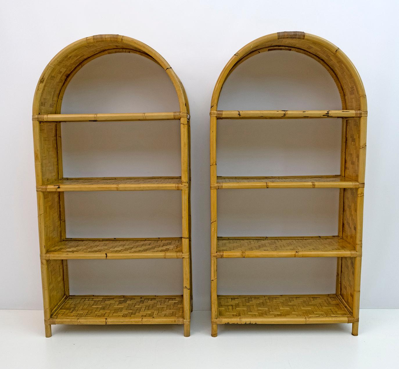 Late 20th Century Pair of Italian Small Bamboo Bookcases, 1970s For Sale