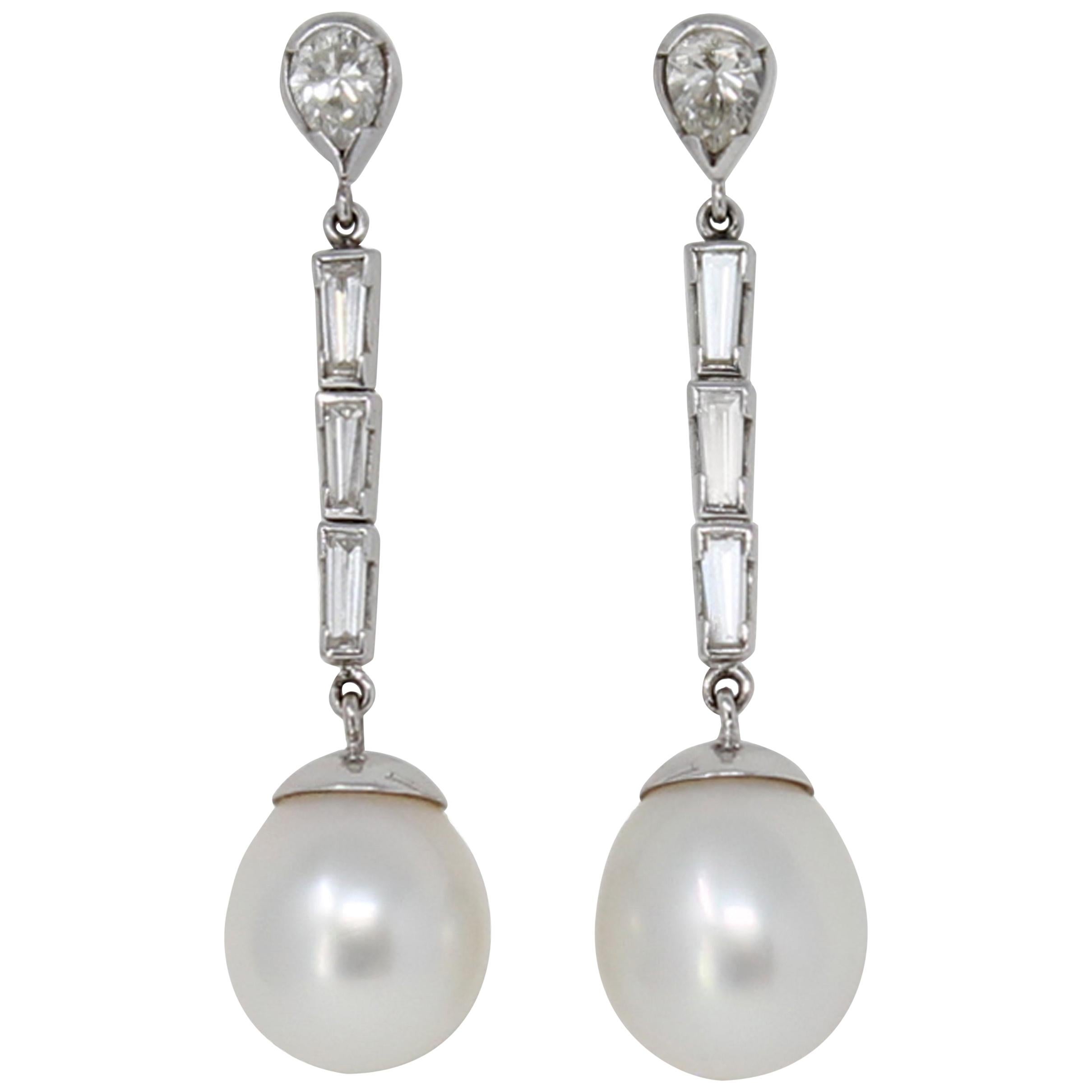 Pair of Italian South Sea Pearl and Diamond Dangling Earrings in 18 Karat Gold