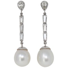 Vintage Pair of Italian South Sea Pearl and Diamond Dangling Earrings in 18 Karat Gold
