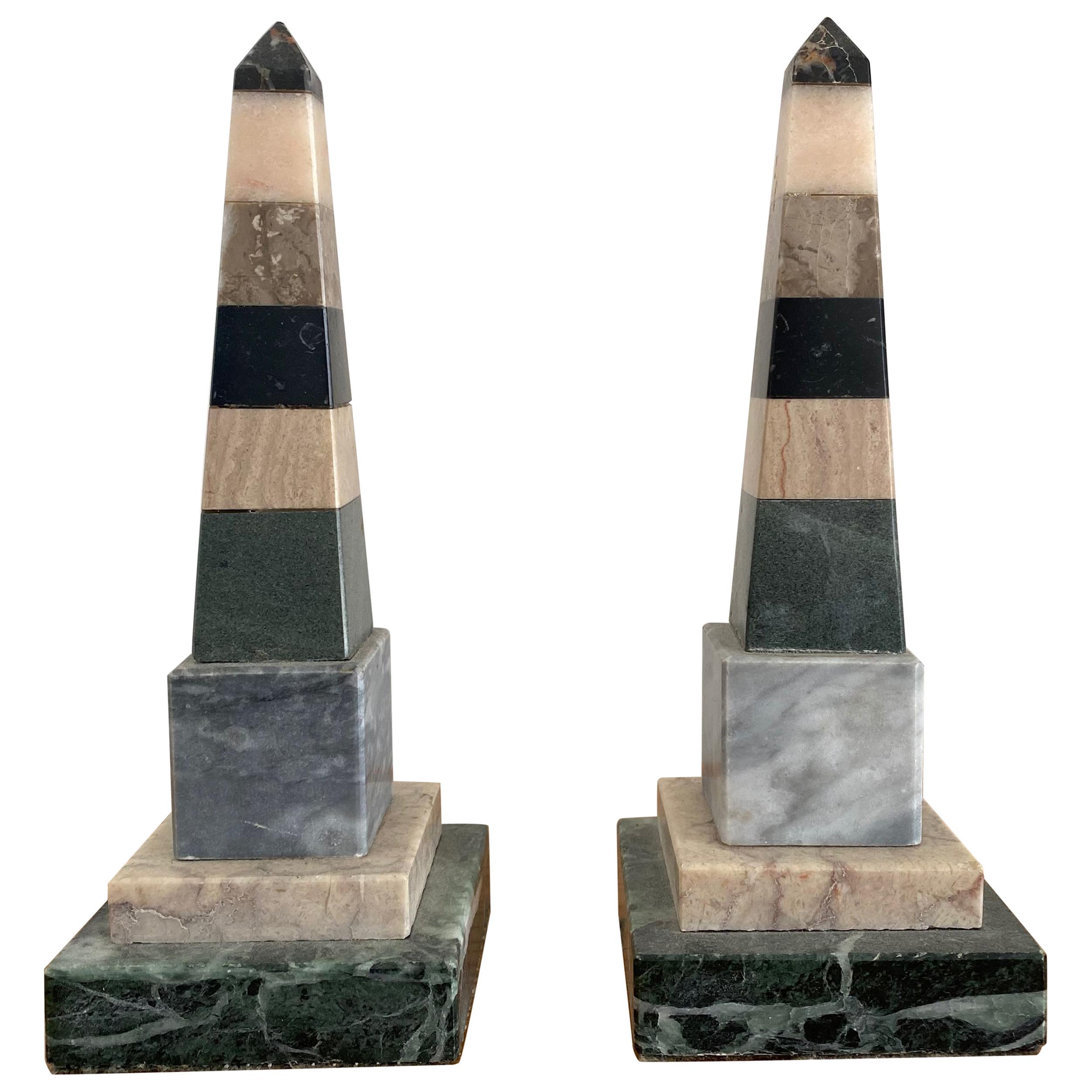 Pair of Italian Specimen Marble Obelisks in Pastel Colors