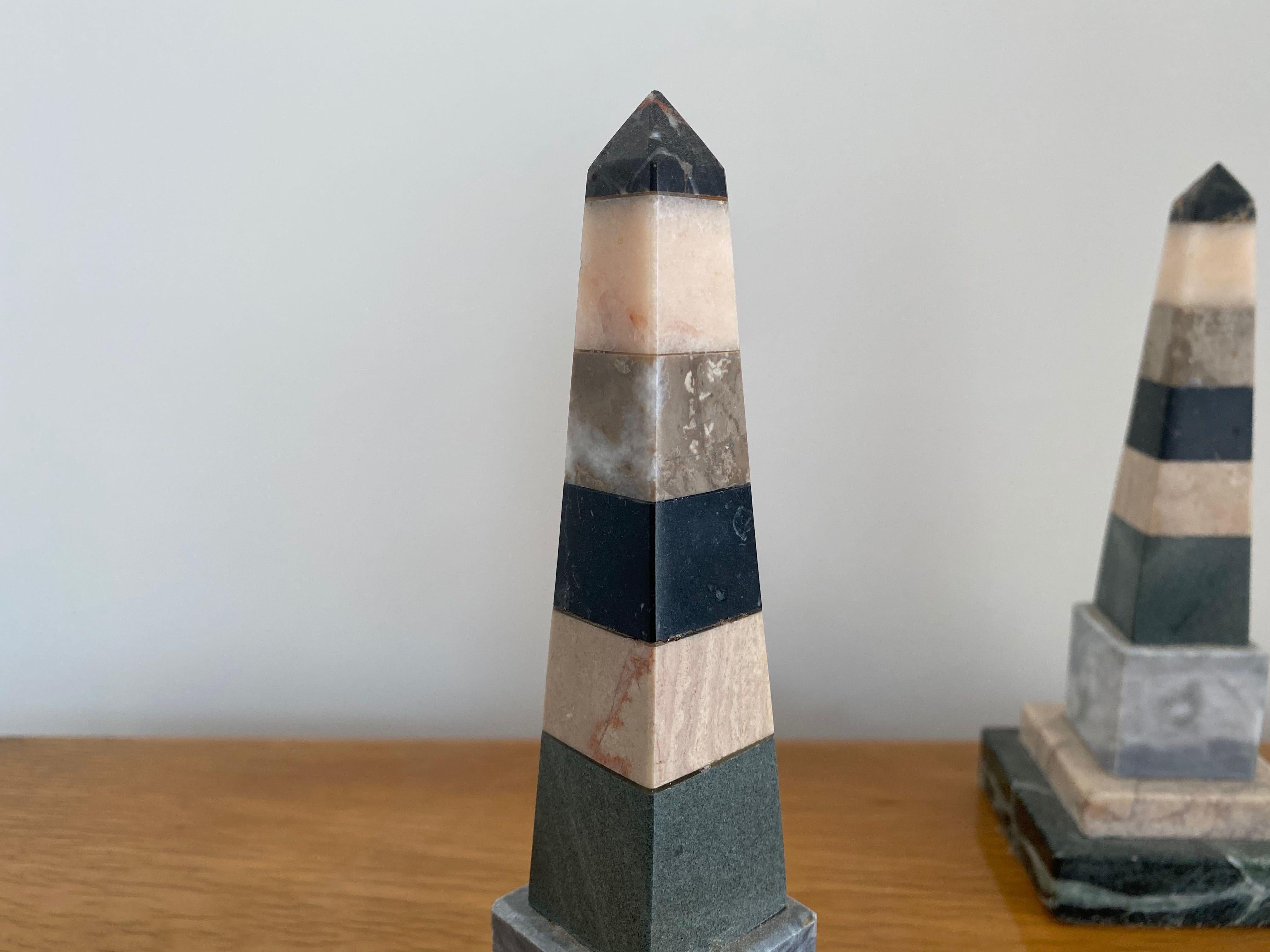 Pair of Italian Specimen Marble Obelisks in Pastel Colors 1