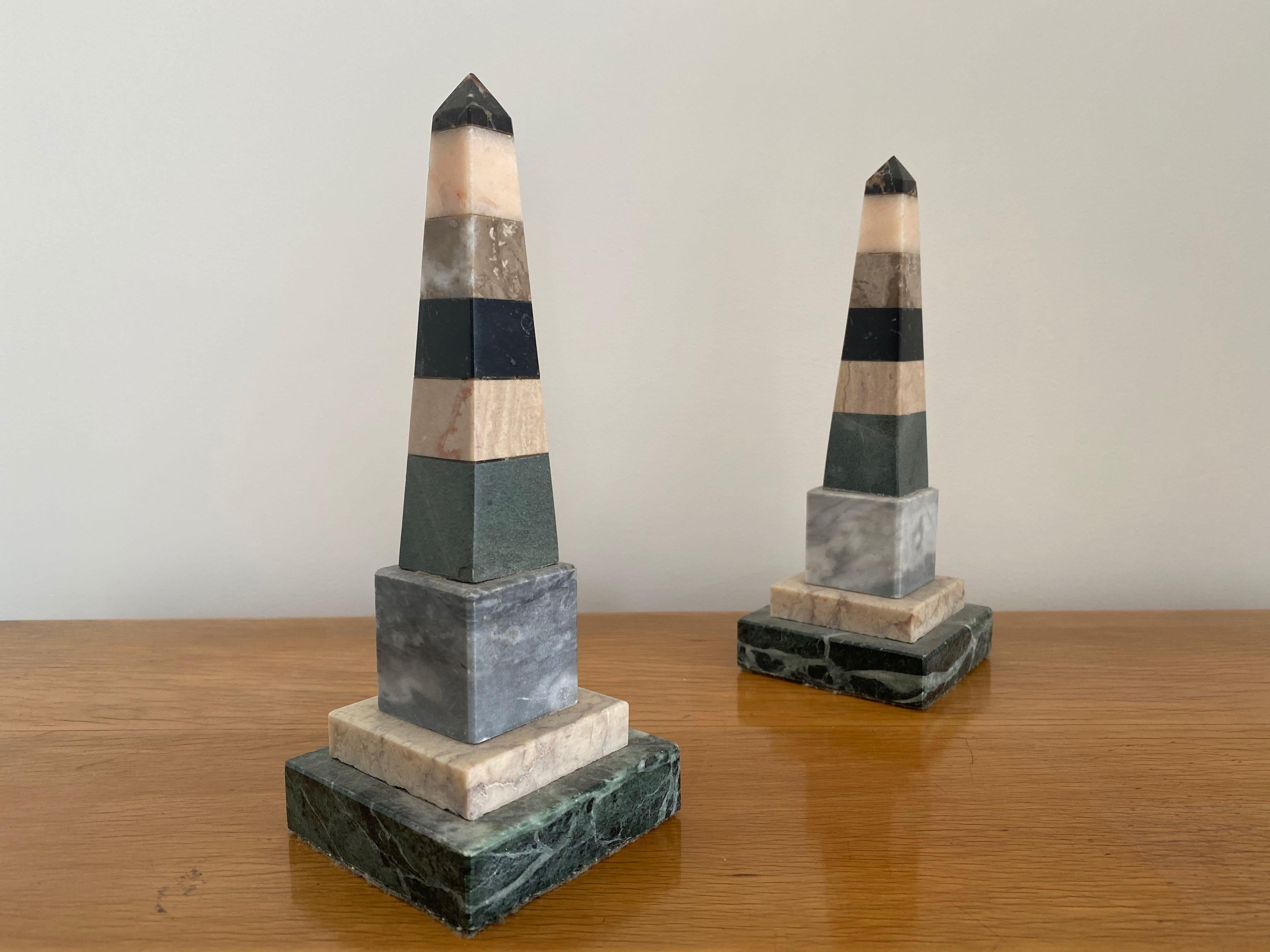 Pair of Italian Specimen Marble Obelisks in Pastel Colors 2