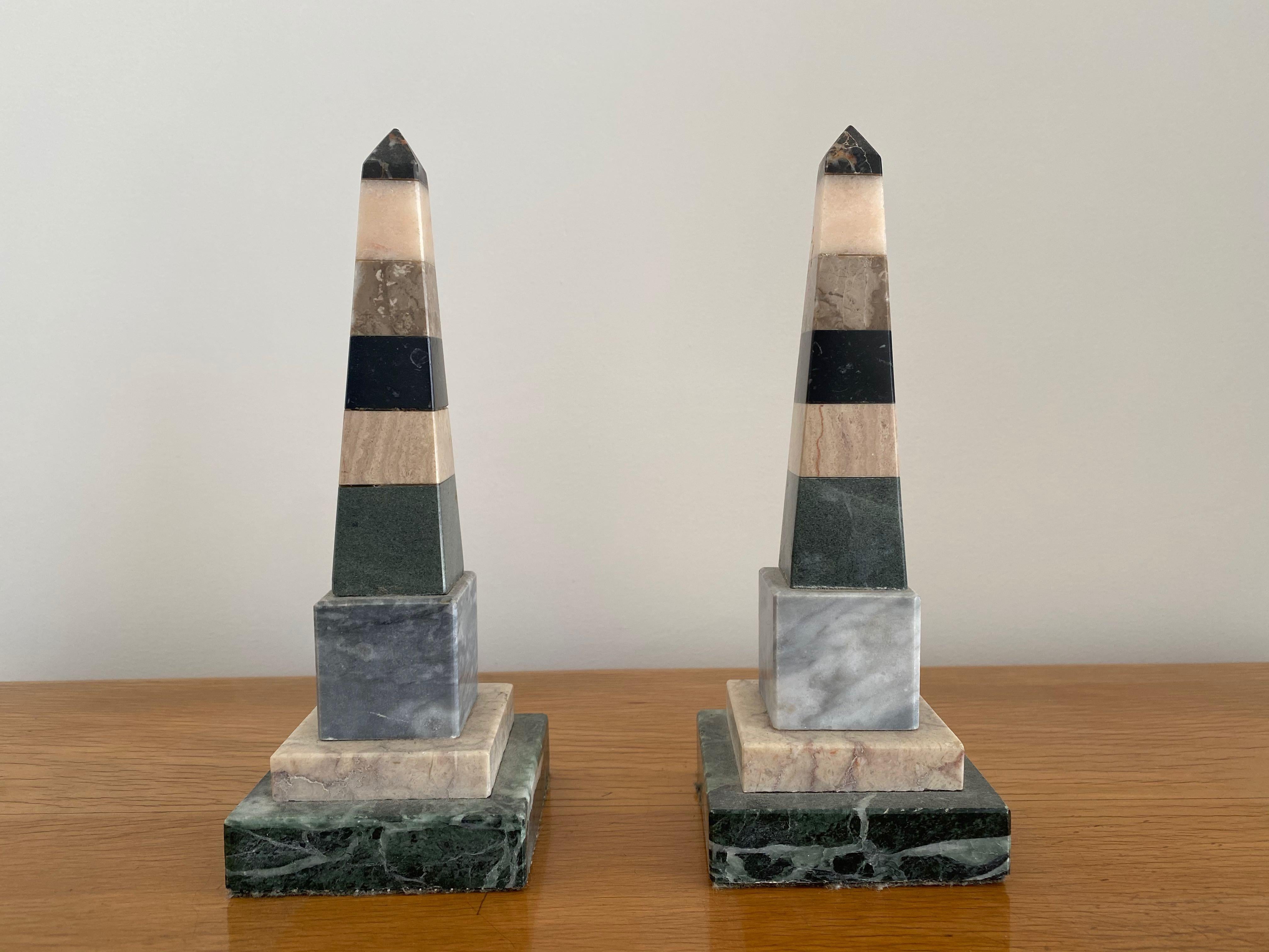 Pair of Italian Specimen Marble Obelisks in Pastel Colors 3