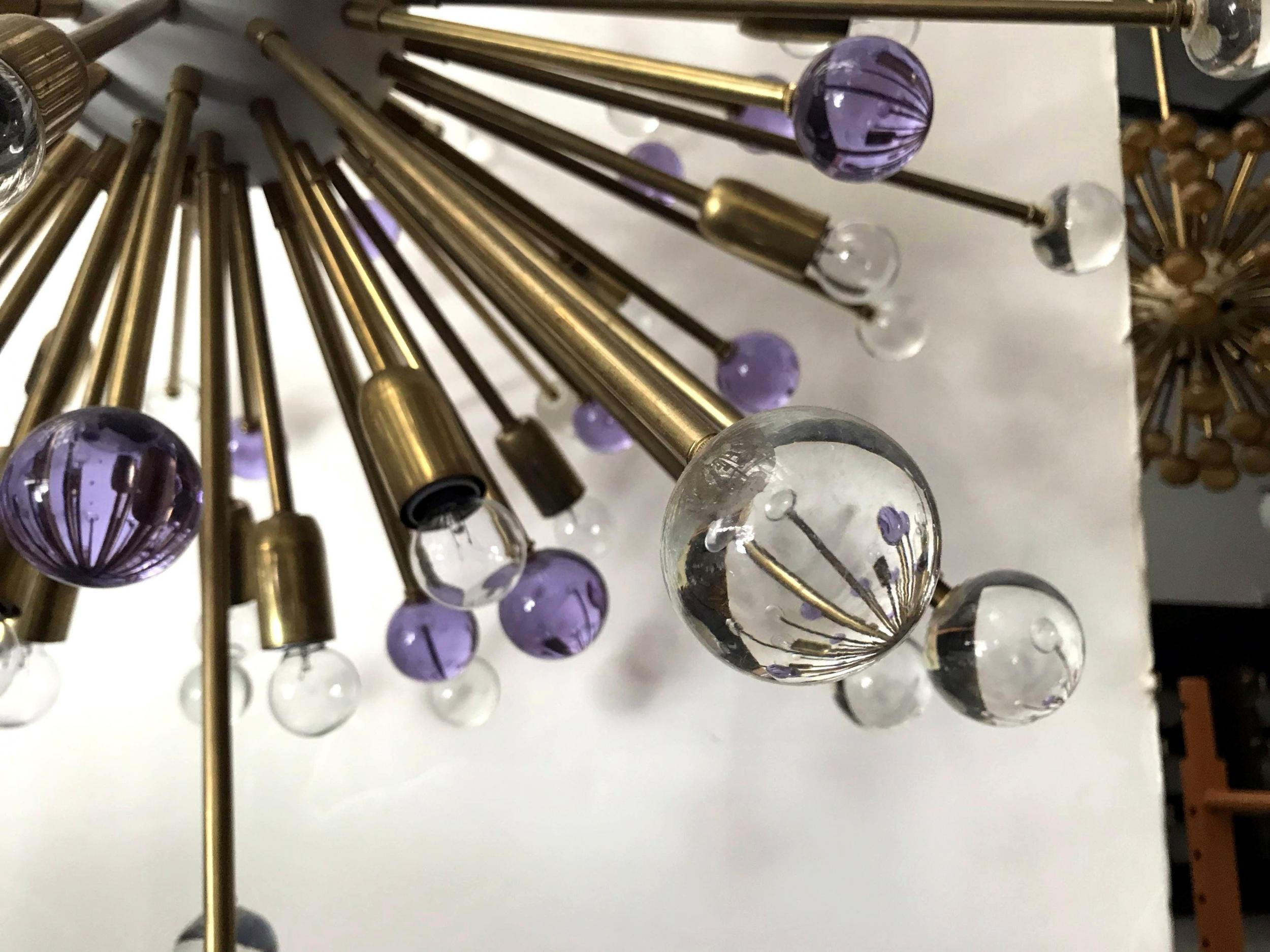 Late 20th Century Pair of Italian Sputnik Chandeliers with Clear and Purple Murano Glass, 1990s