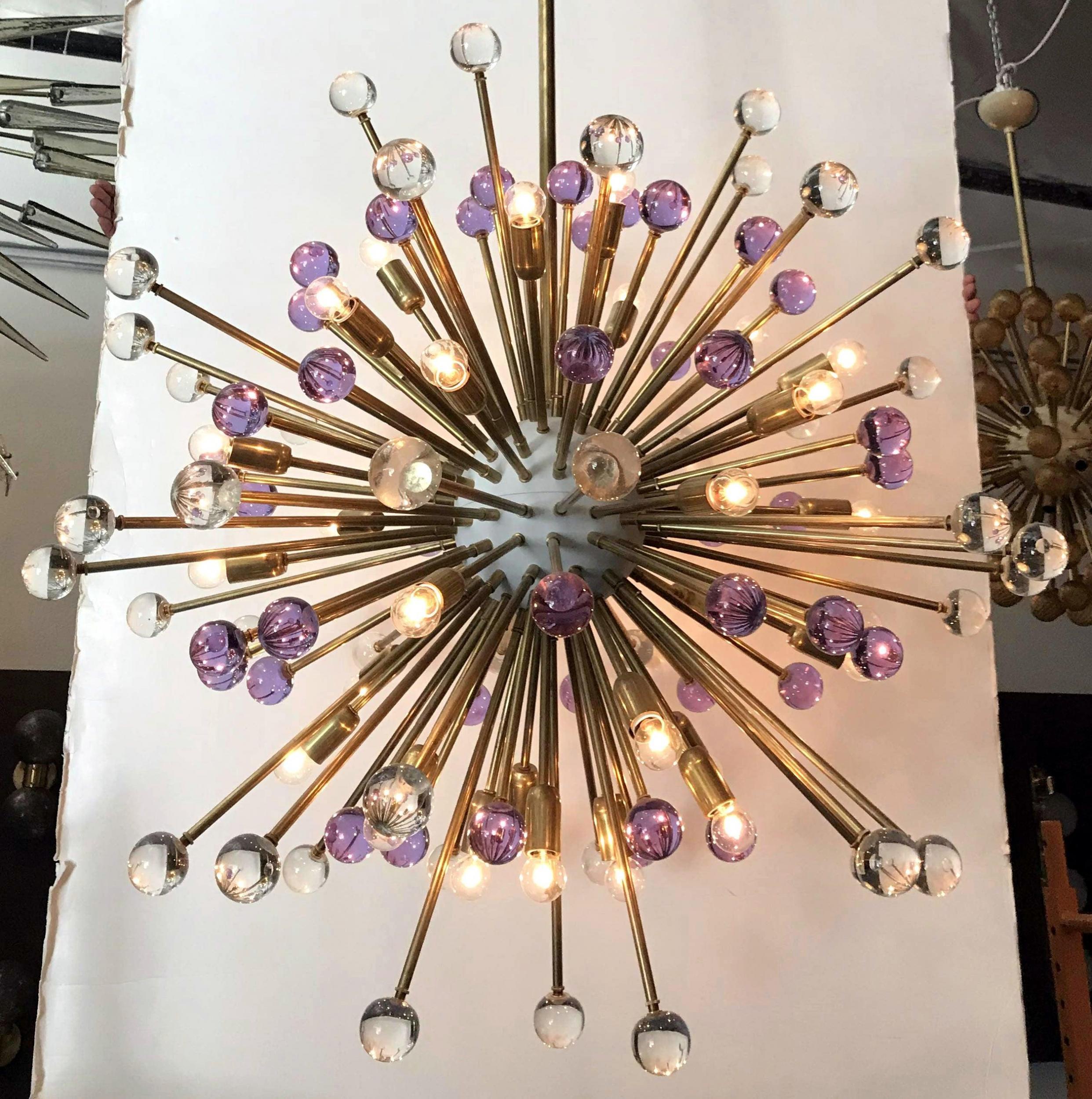 Pair of Italian Sputnik Chandeliers with Clear and Purple Murano Glass, 1990s 2