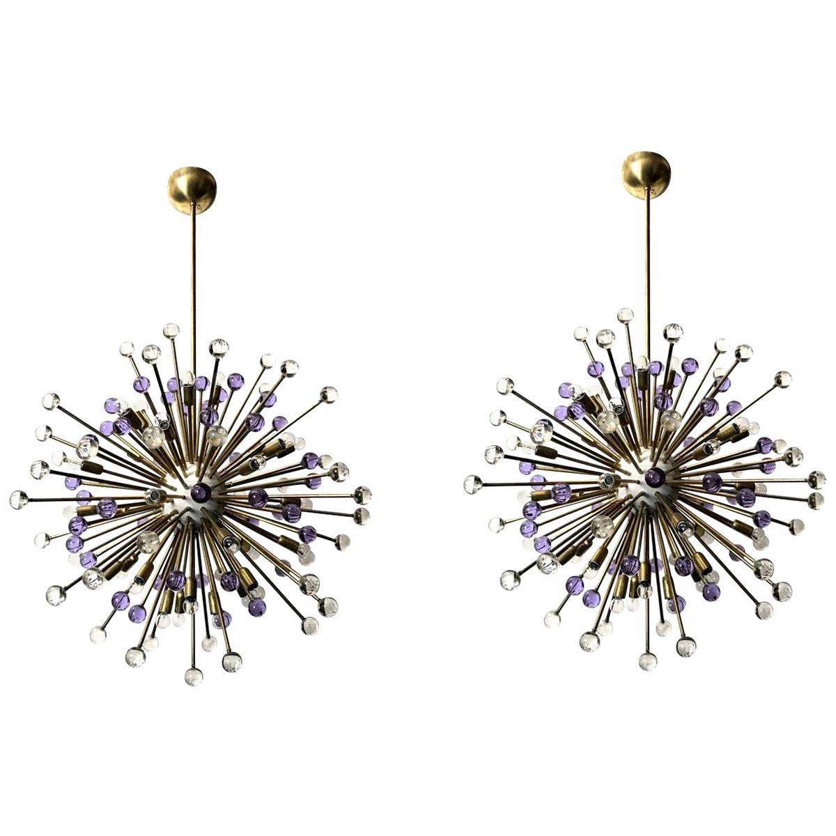 Pair of Italian Sputnik Chandeliers with Clear and Purple Murano Glass, 1990s