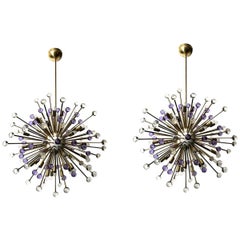 Vintage Pair of Italian Sputnik Chandeliers with Clear and Purple Murano Glass, 1990s