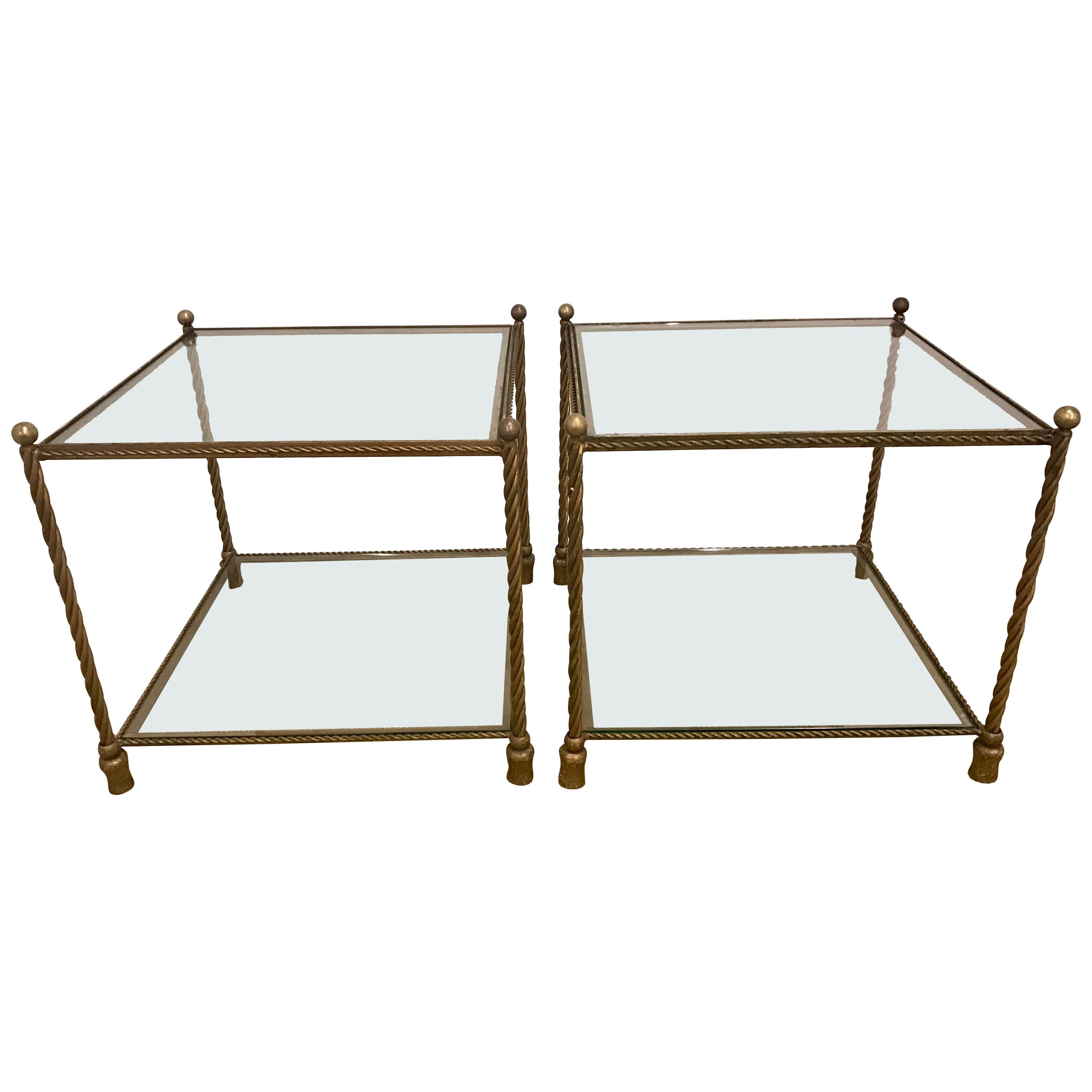Pair of Italian Square Bronze and Glass End Tables Made in Italy