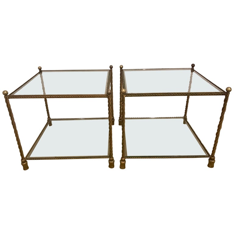Pair Of Italian Square Bronze And Glass, Square Glass End Table