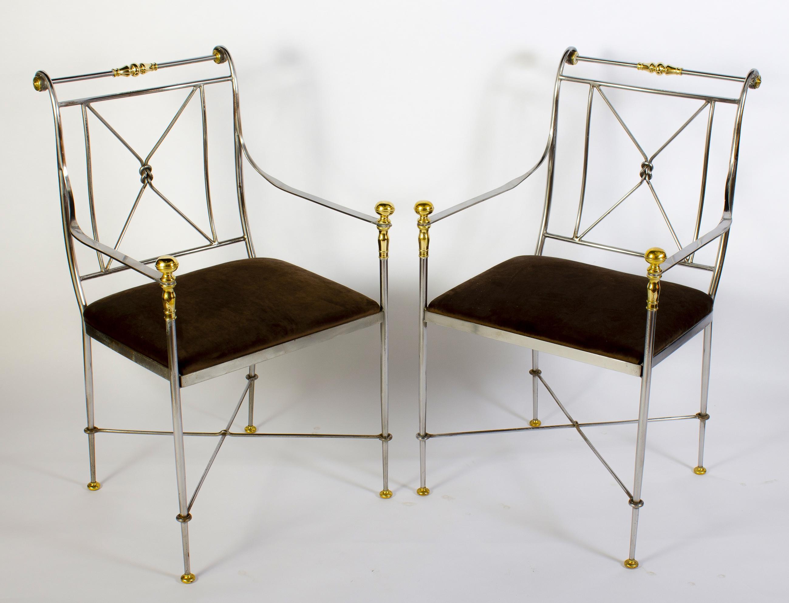 Mid-Century Modern Paire de fauteuils italiens en acier et laiton signés Orlandi, 1970 en vente