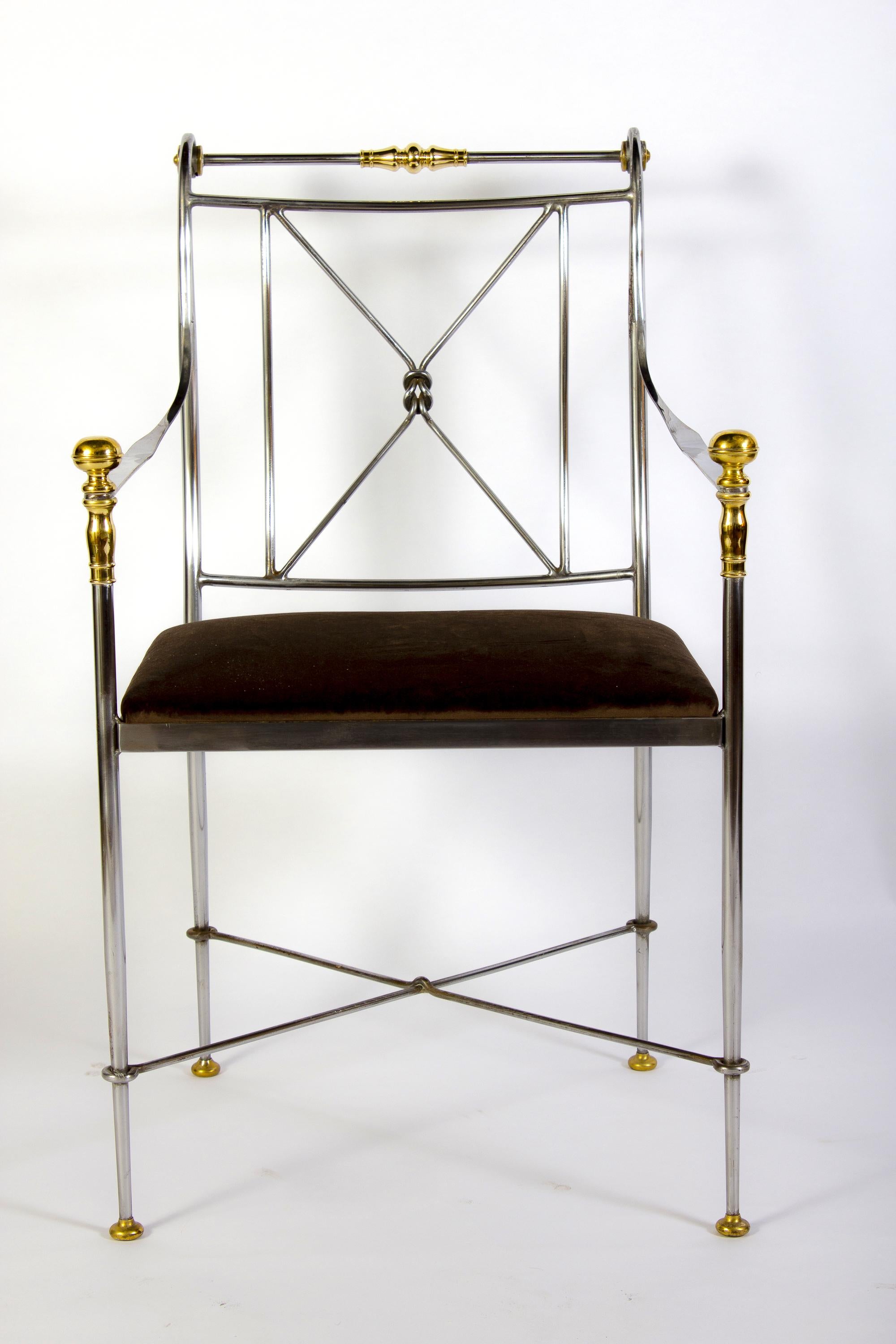 Pair of Italian Steel and Brass Armchairs Signed Orlandi, 1970s For Sale 1