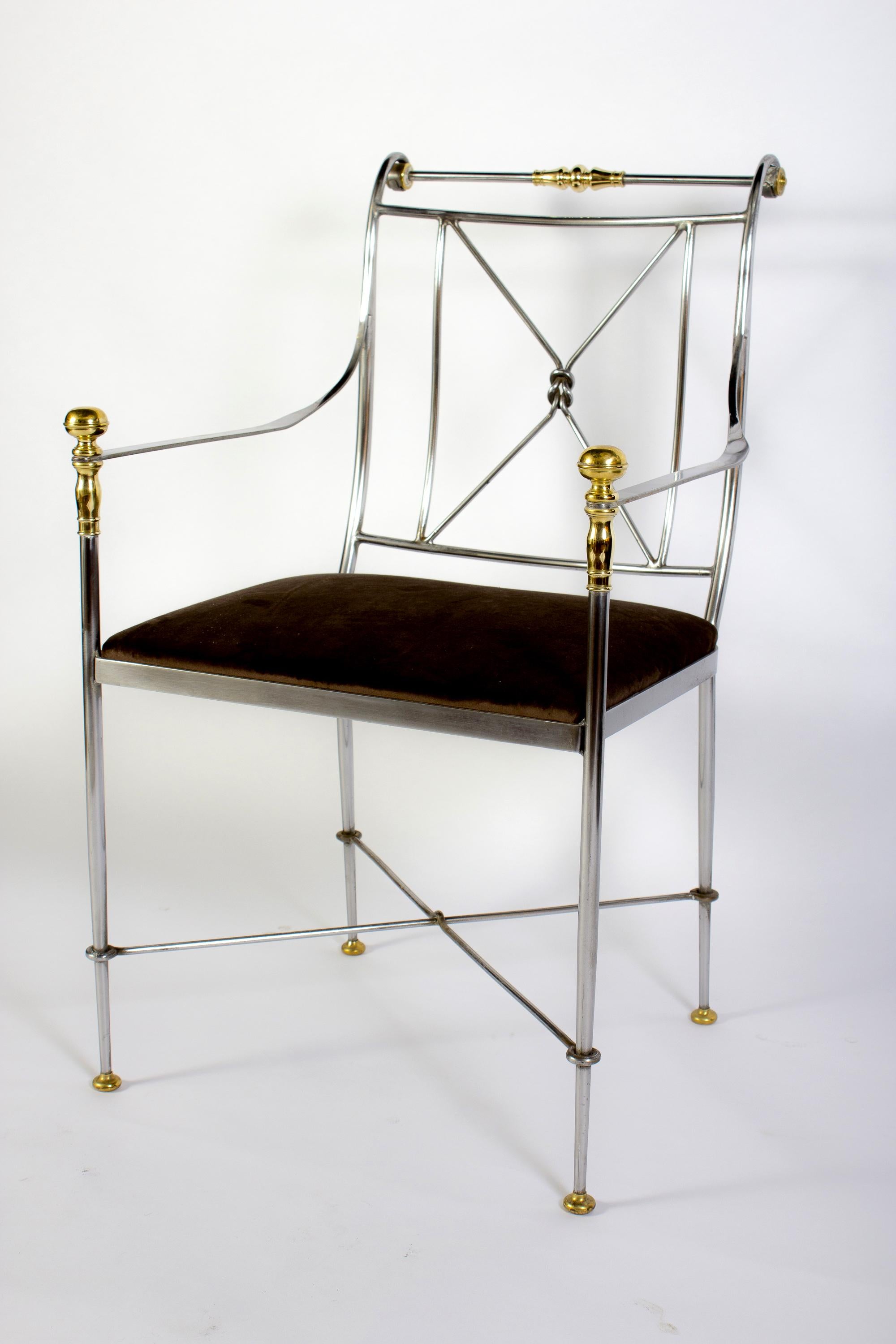 Pair of Italian Steel and Brass Armchairs Signed Orlandi, 1970s For Sale 3