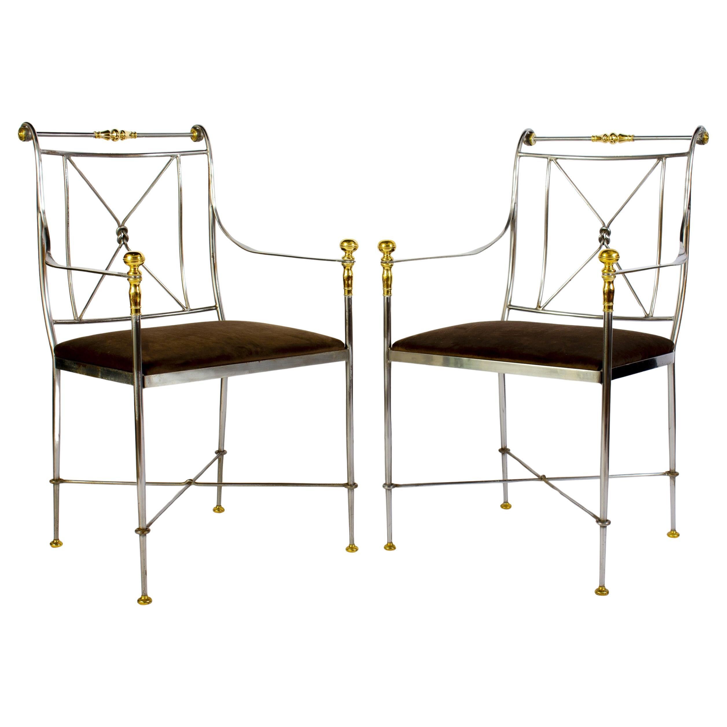 Paire de fauteuils italiens en acier et laiton signés Orlandi, 1970