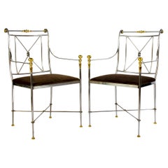 Pair of Italian Steel and Brass Armchairs Signed Orlandi, 1970s