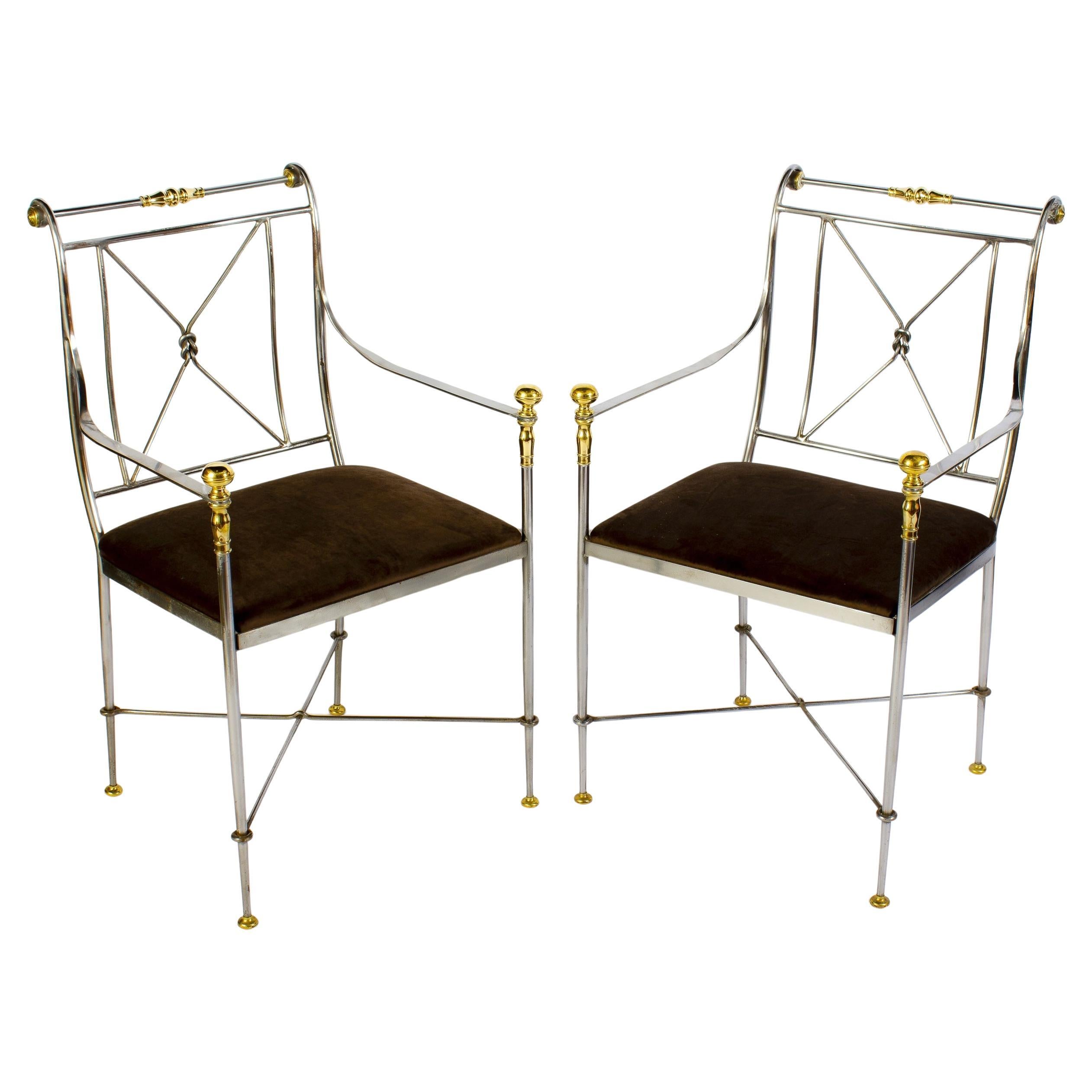 Pair of Italian Steel and Brass Armchairs Signed Orlandi, 1970s