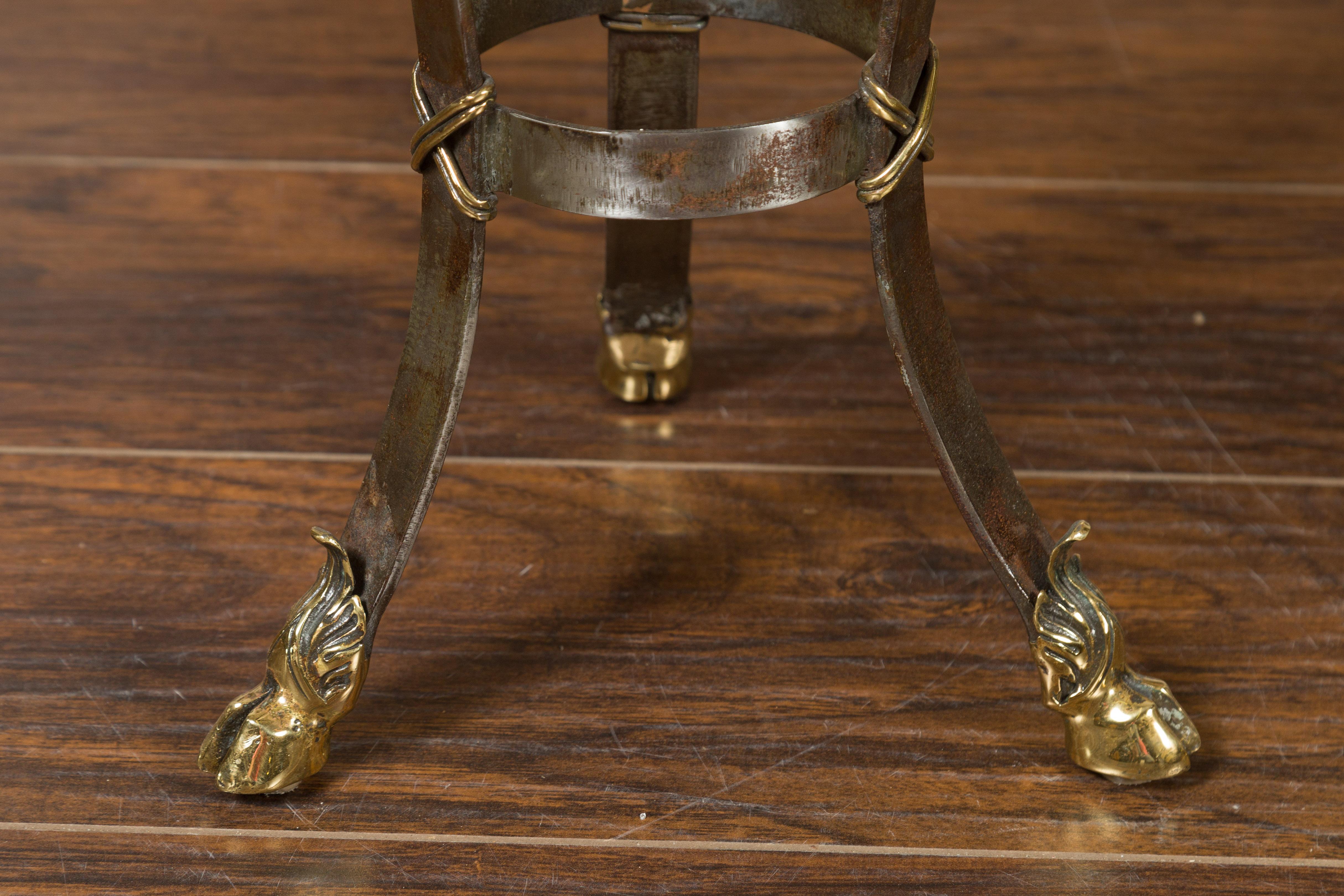 Pair of Italian Steel and Brass Pedestals with Marble Tops and Ram's Heads For Sale 5