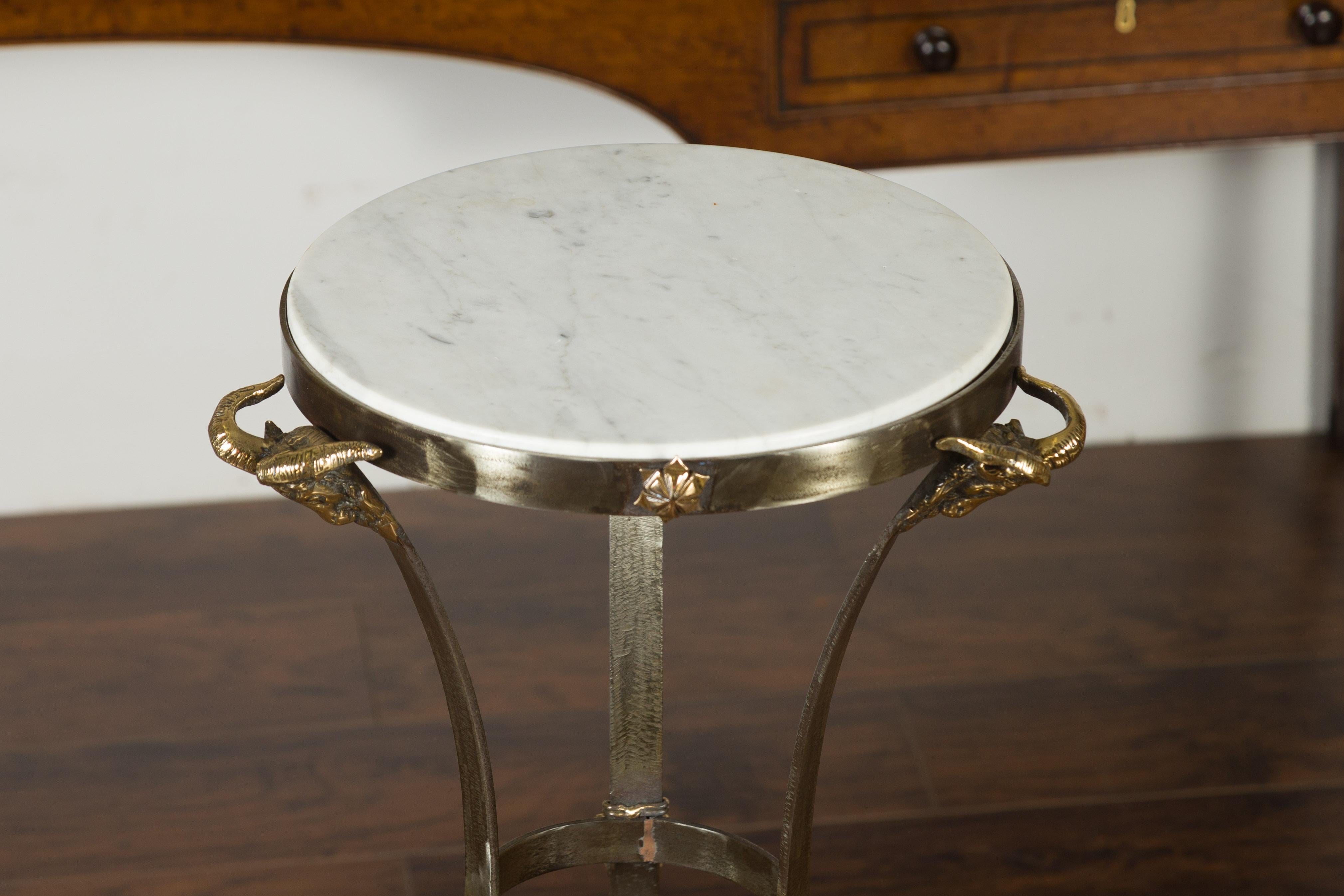 Pair of Italian Steel and Brass Pedestals with Marble Tops and Ram's Heads For Sale 9