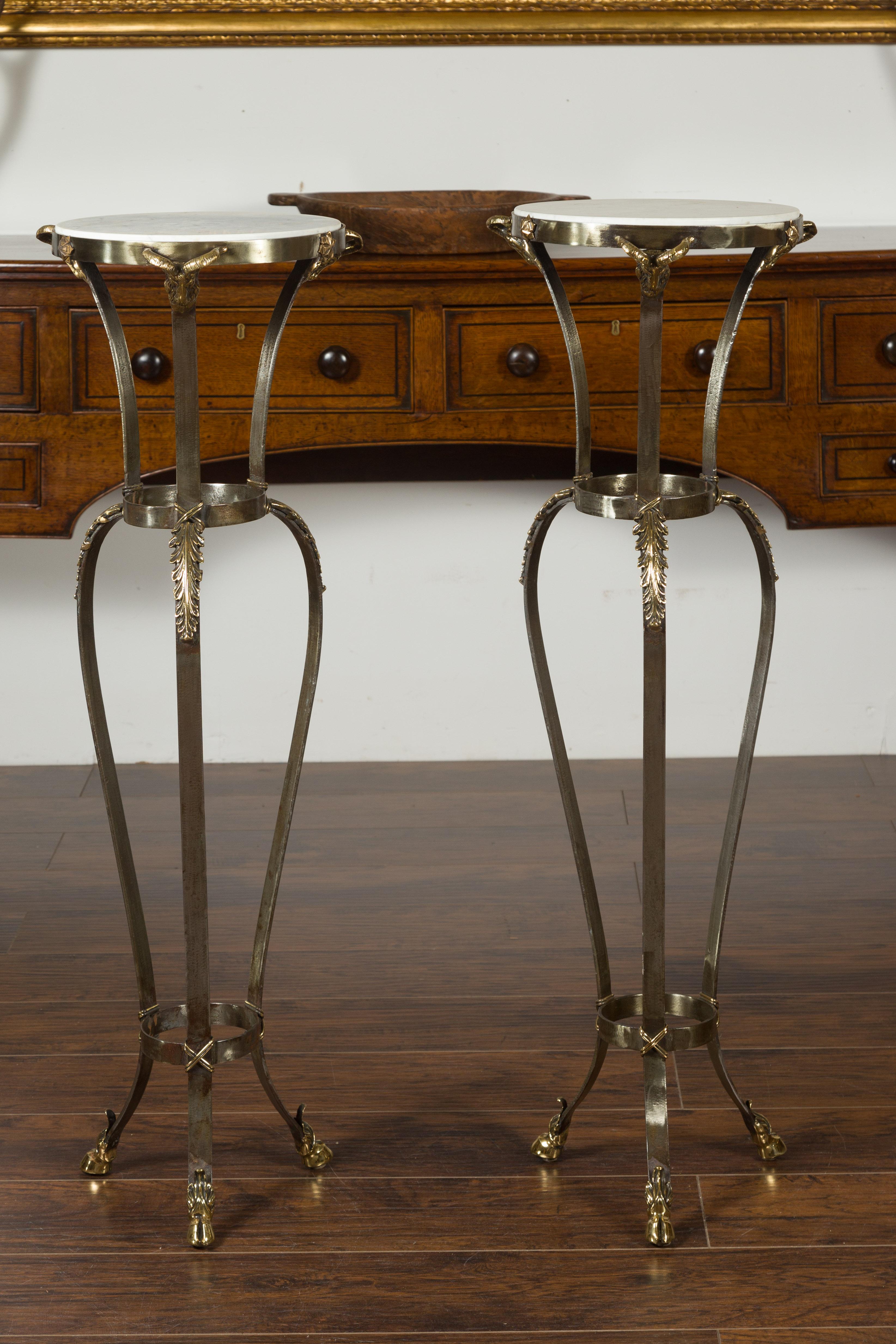 Pair of Italian Steel and Brass Pedestals with Marble Tops and Ram's Heads For Sale 10