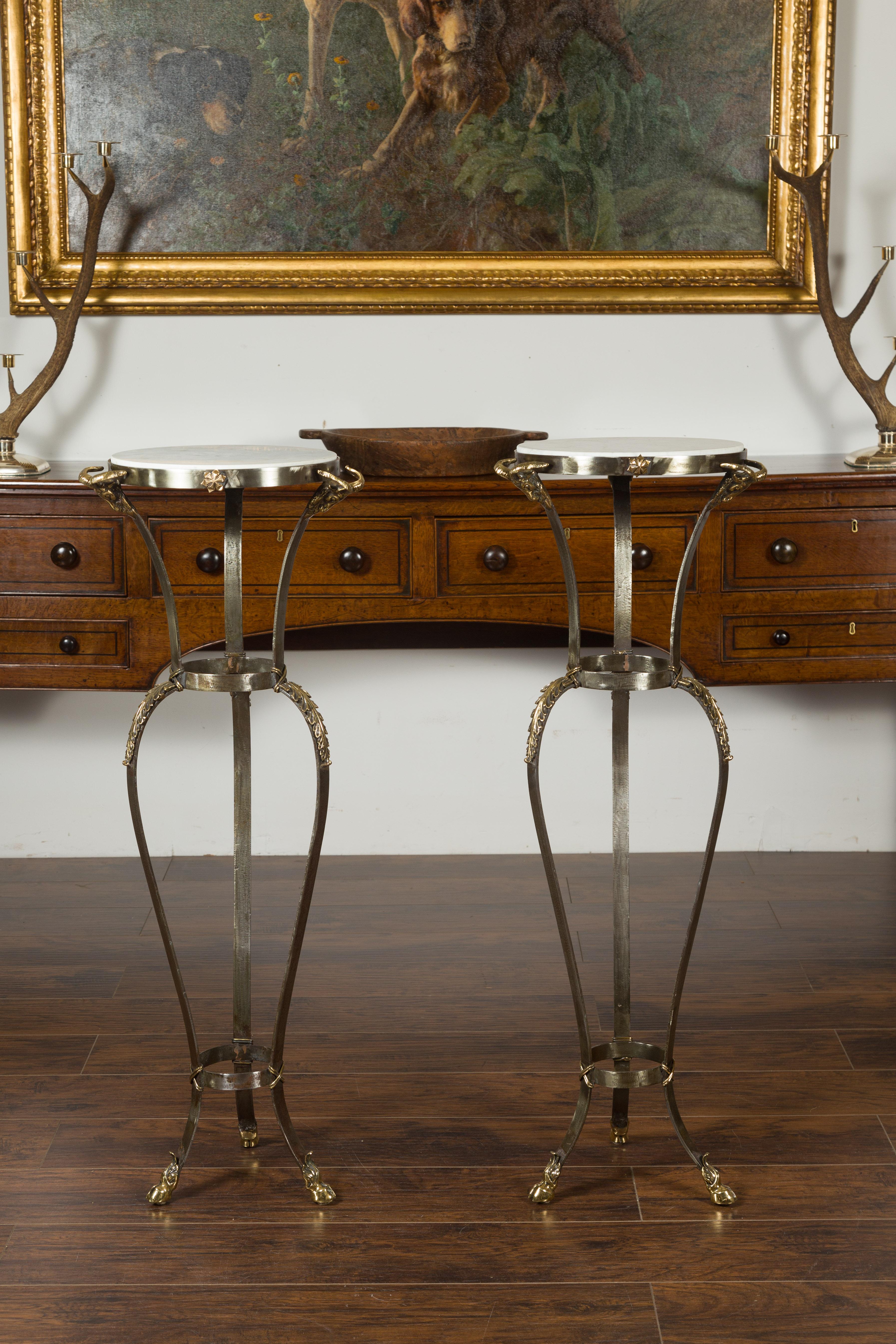 Pair of Italian Steel and Brass Pedestals with Marble Tops and Ram's Heads For Sale 11