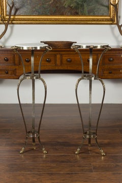 Pair of Italian Steel and Brass Pedestals with Marble Tops and Ram's Heads