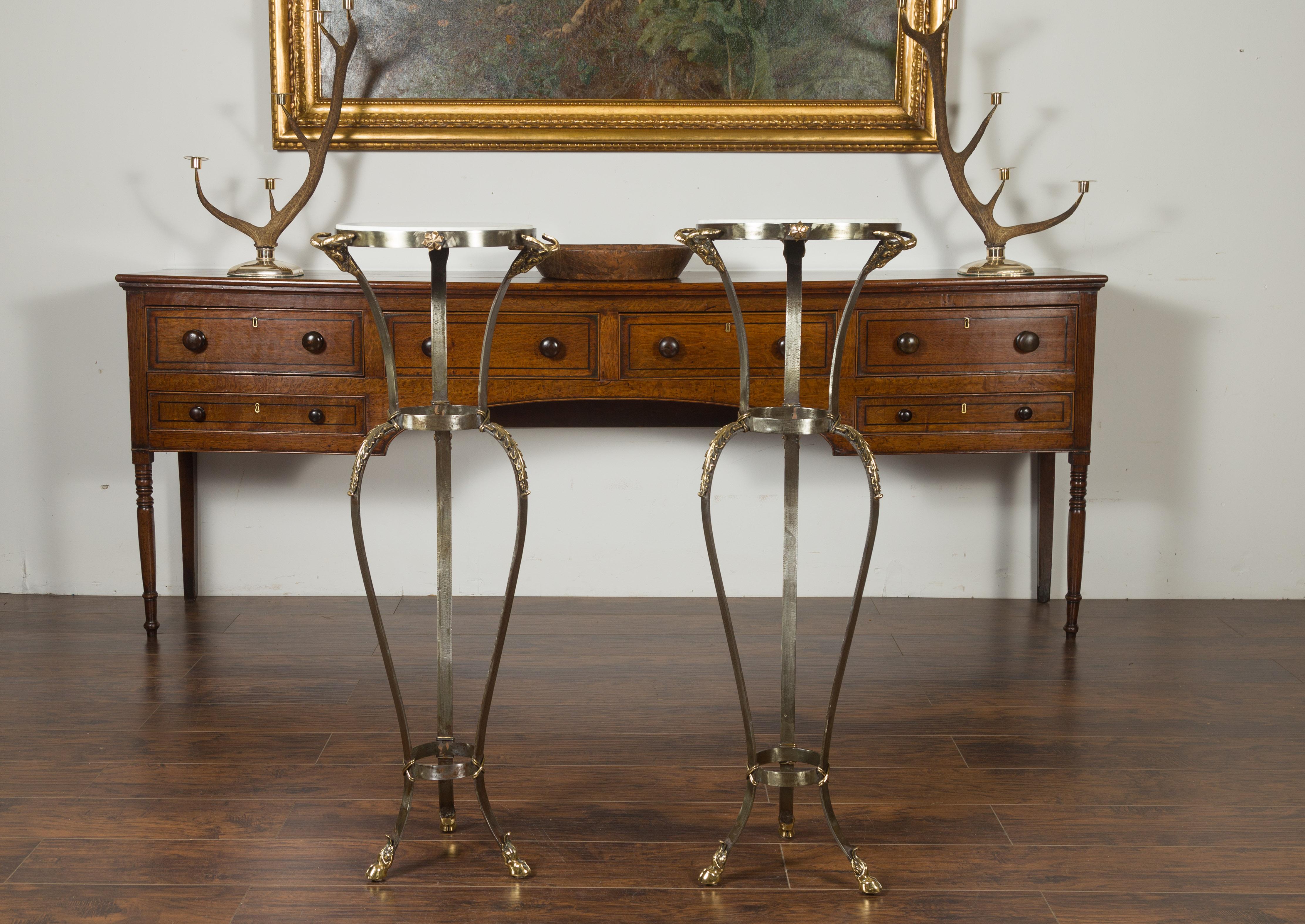Pair of Italian Steel and Brass Pedestals with Marble Tops and Ram's Heads In Good Condition For Sale In Atlanta, GA