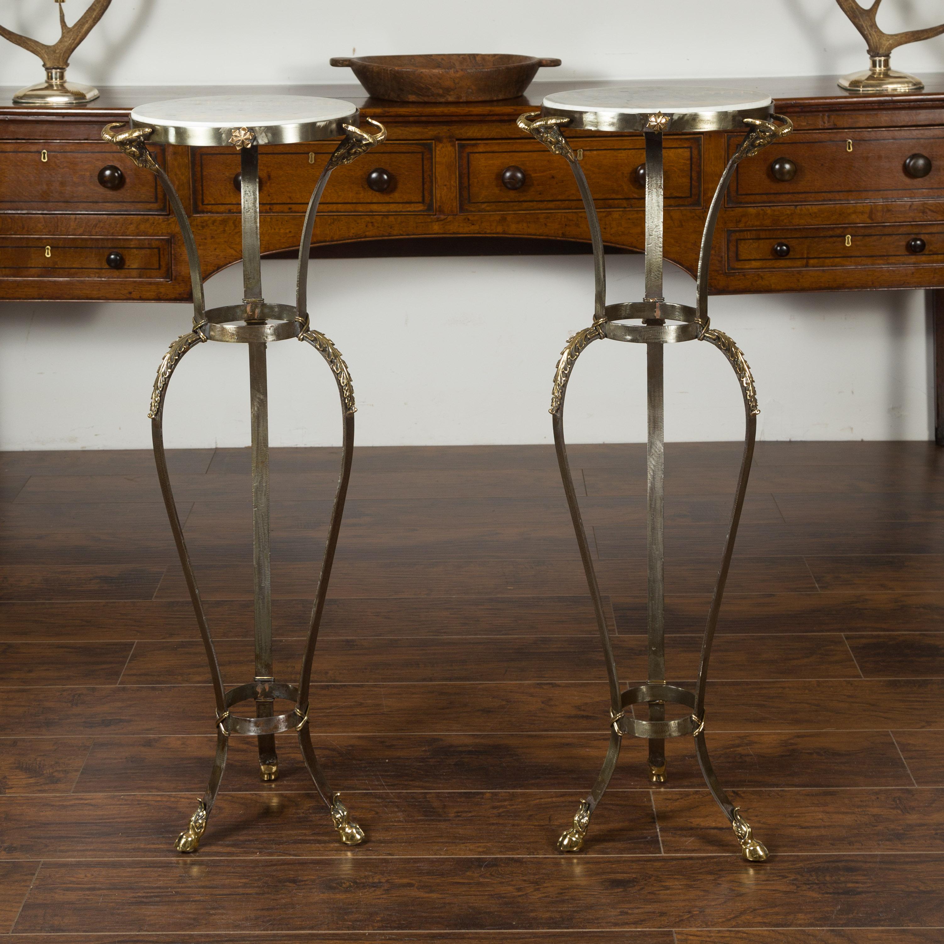 20th Century Pair of Italian Steel and Brass Pedestals with Marble Tops and Ram's Heads For Sale
