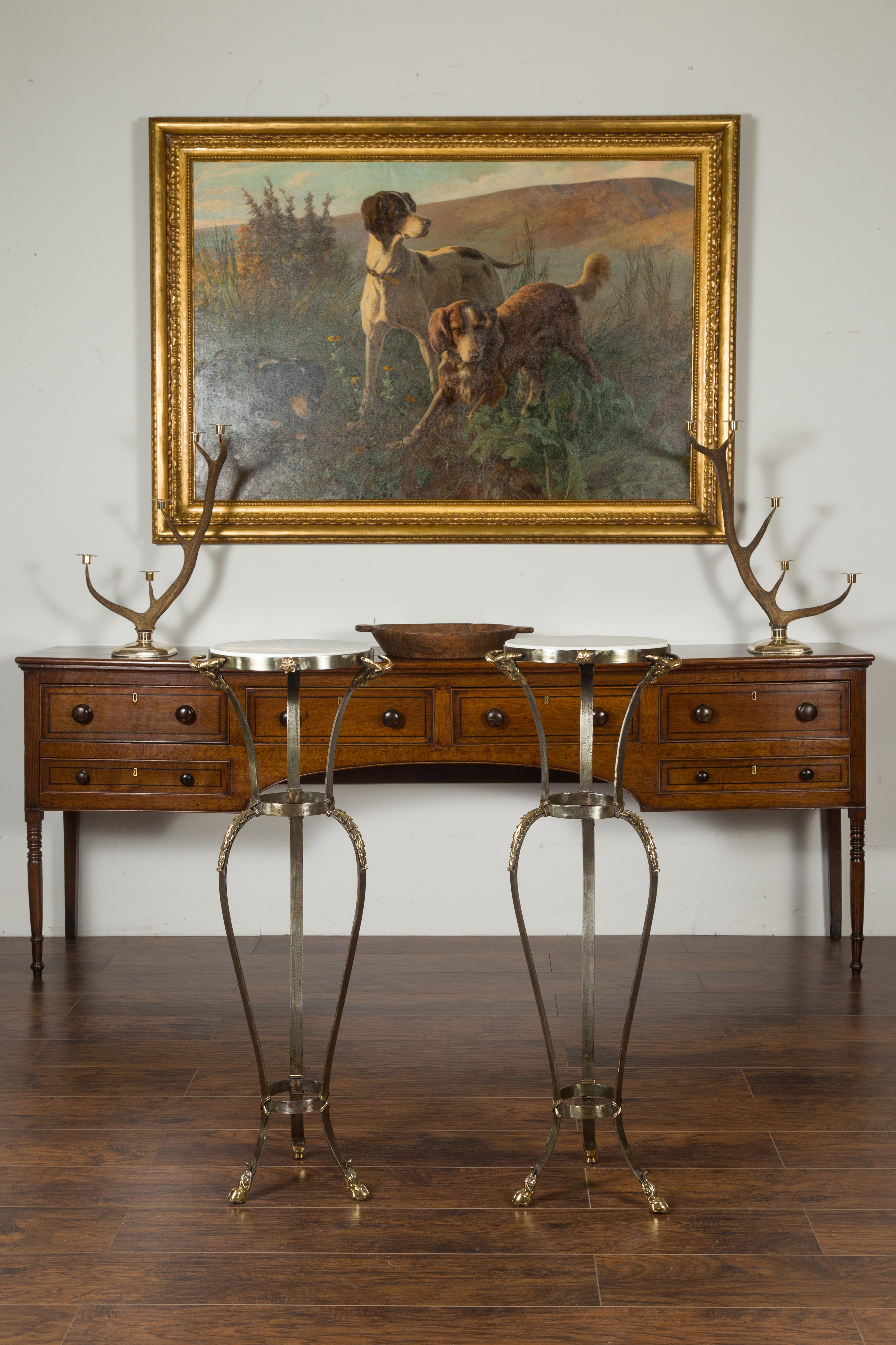 Pair of Italian Steel and Brass Pedestals with Marble Tops and Ram's Heads For Sale 1