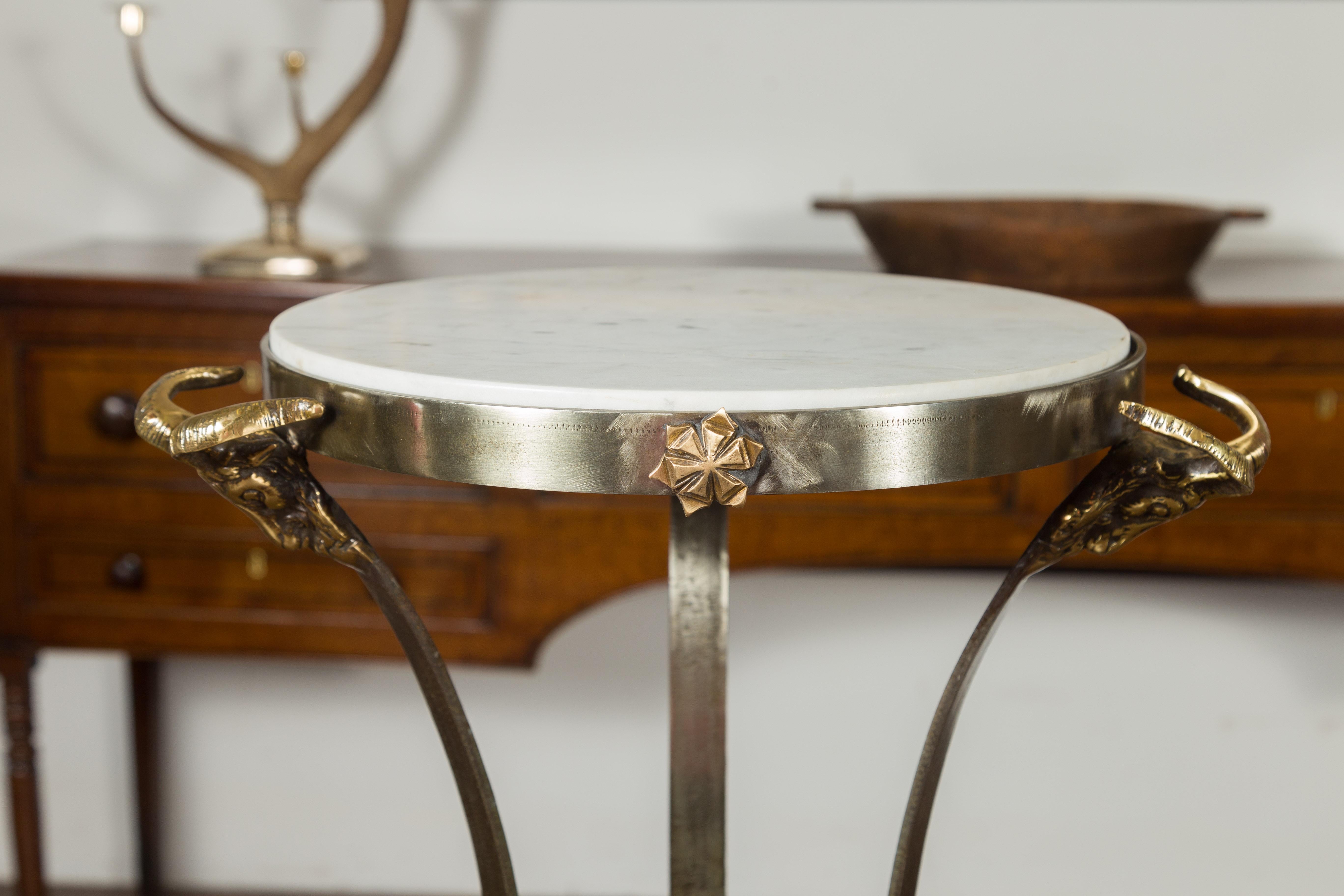 Pair of Italian Steel and Brass Pedestals with Marble Tops and Ram's Heads For Sale 2