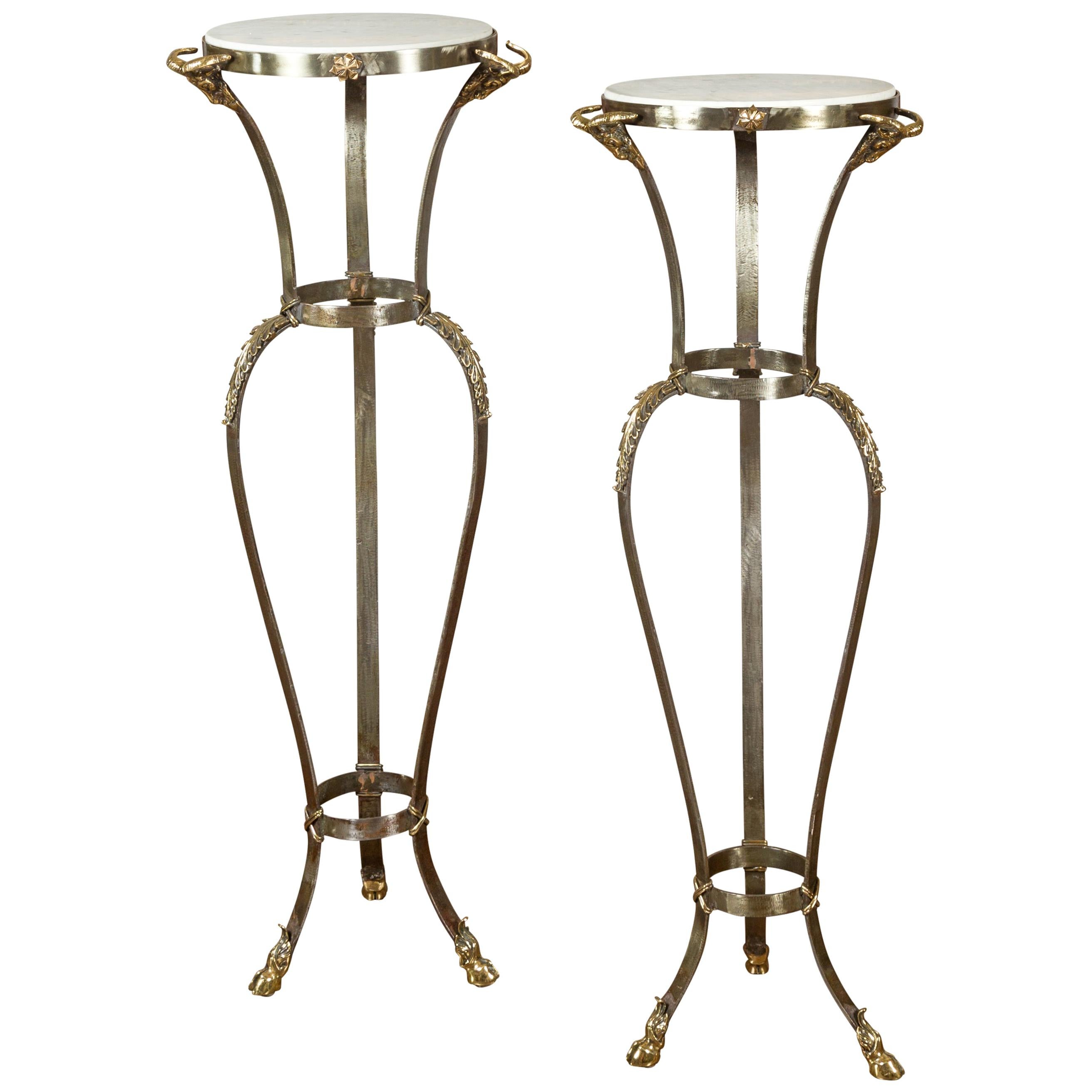 Pair of Italian Steel and Brass Pedestals with Marble Tops and Ram's Heads