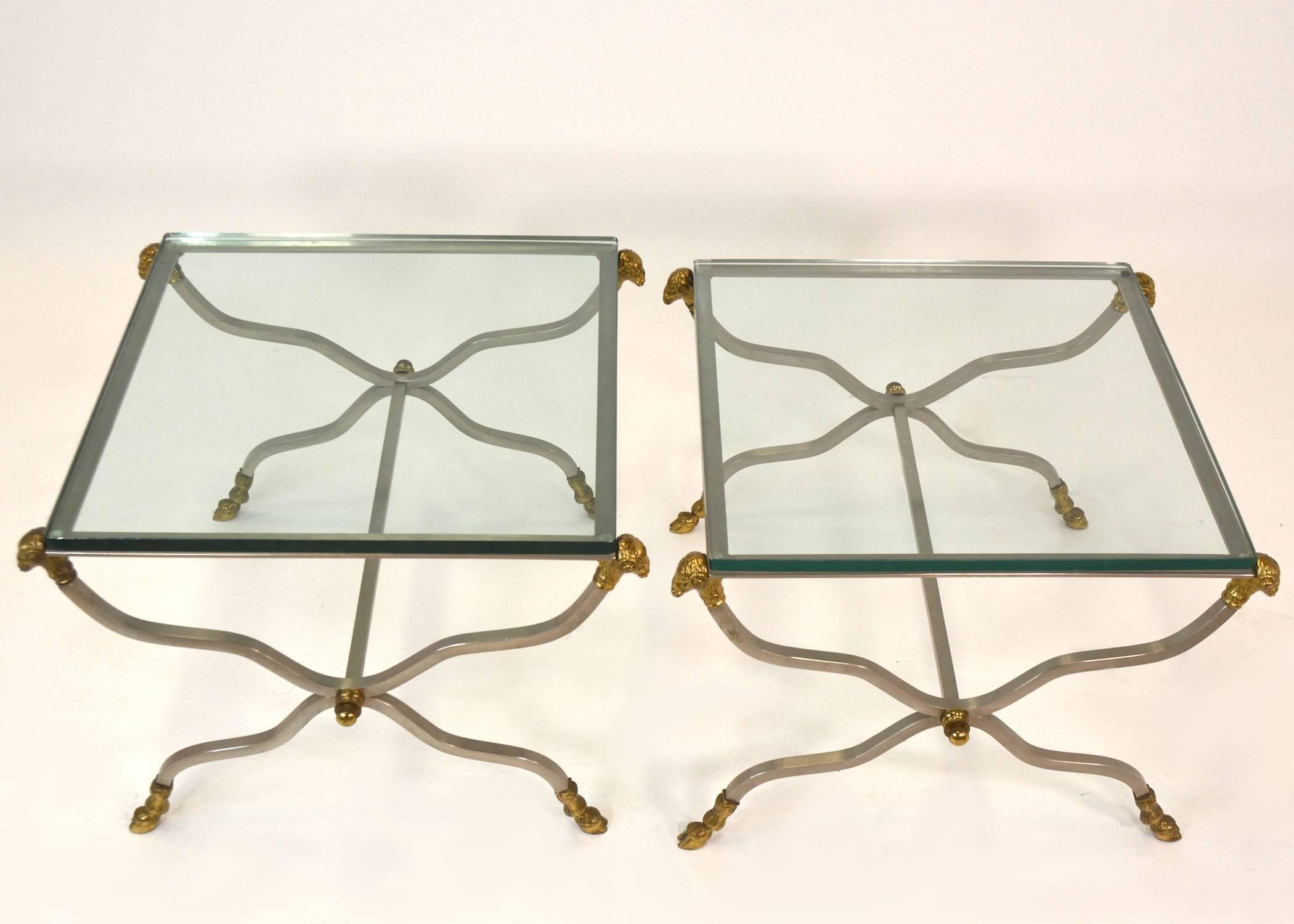 Hollywood Regency Pair of Italian Steel and Brass Side Tables  For Sale