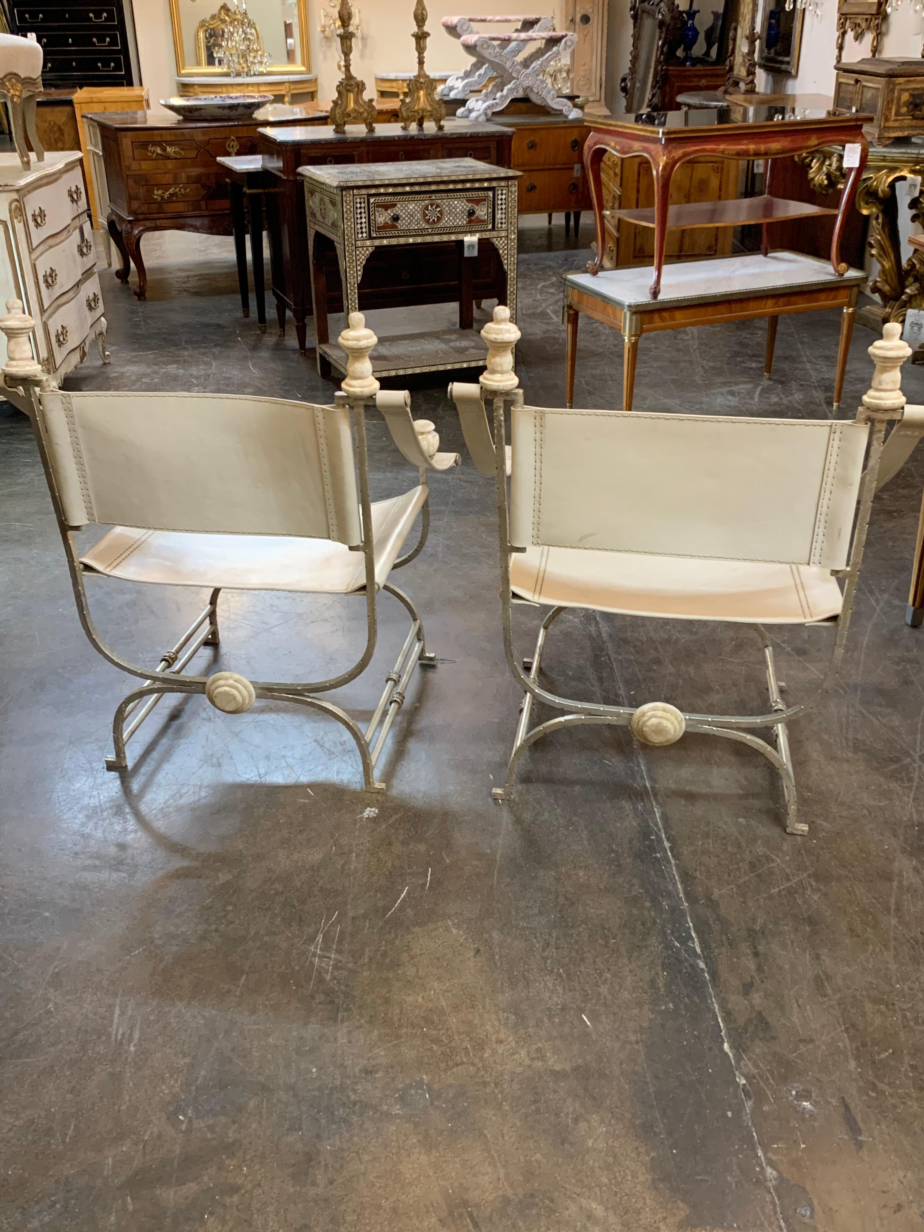 Pair of Italian Steel and Leather Director Chairs In Good Condition In Dallas, TX
