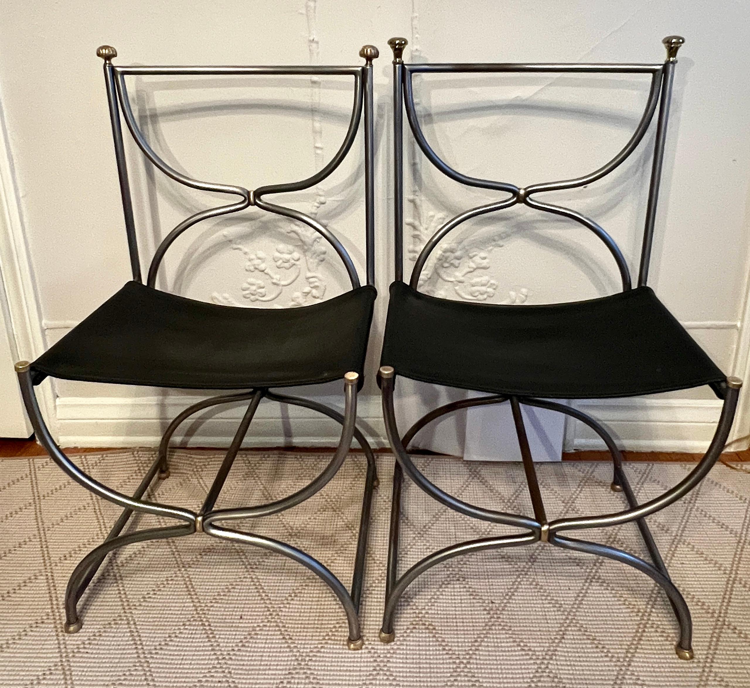 Pair Maison Jansen Italian Steel Brass and Leather Curule Chairs Ca, 1960 For Sale 4
