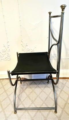 Pair Maison Jansen Italian Steel Brass and Leather Curule Chairs Ca, 1960