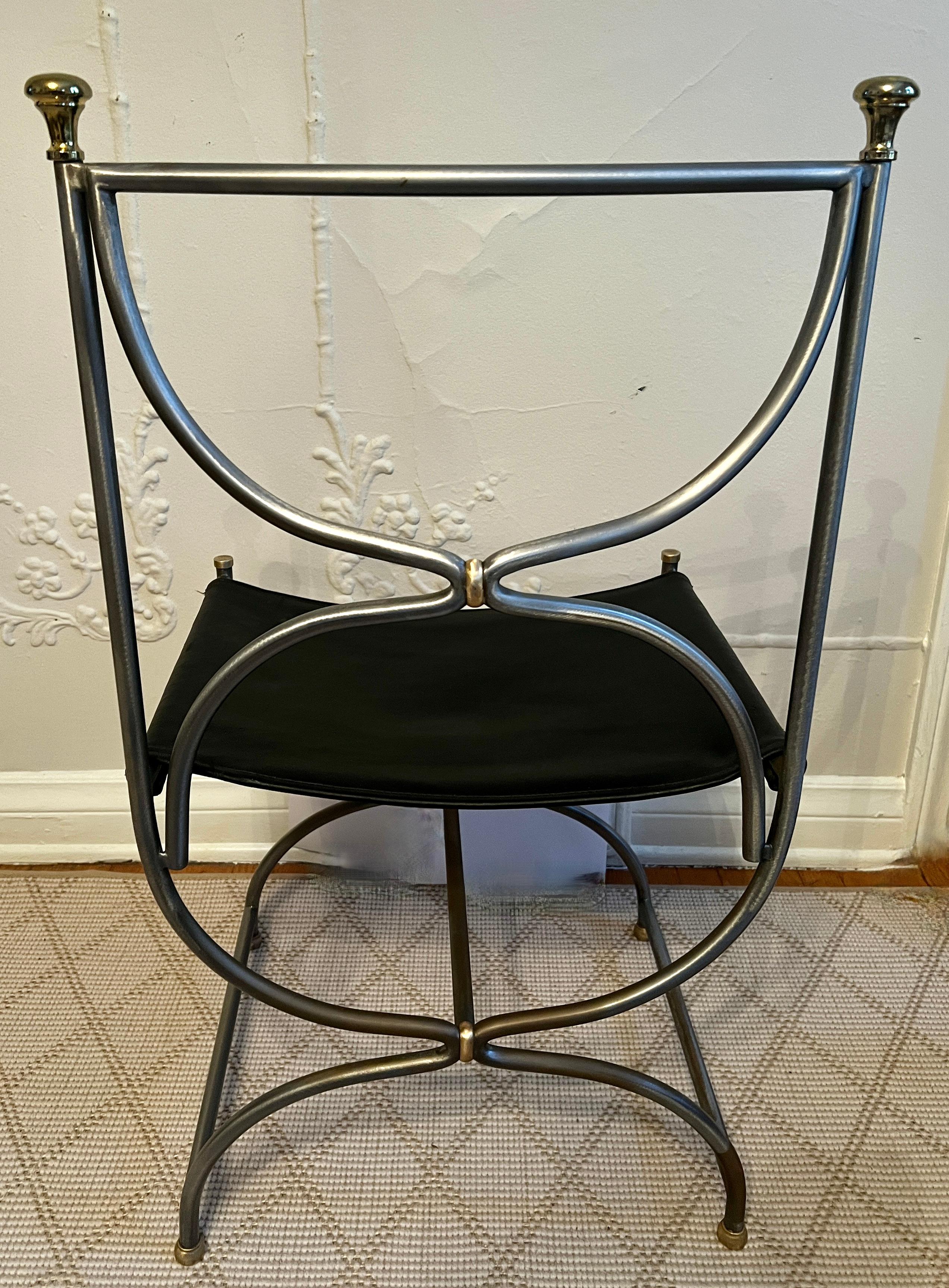 Hand-Crafted Pair Maison Jansen Italian Steel Brass and Leather Curule Chairs Ca, 1960 For Sale