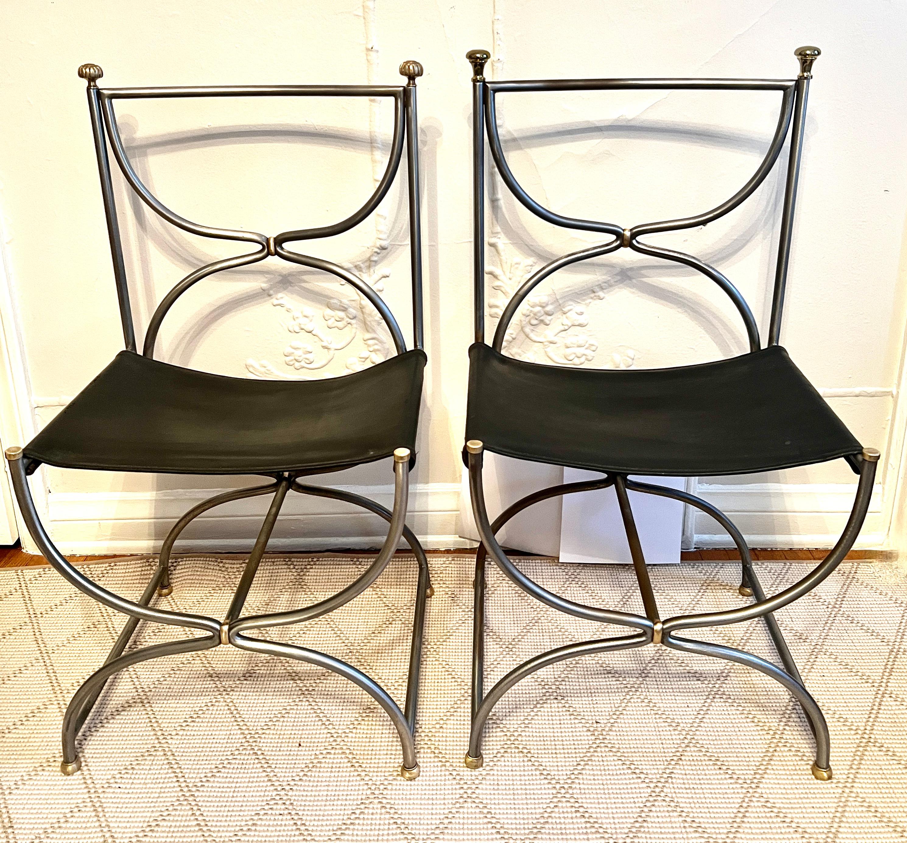 Pair Maison Jansen Italian Steel Brass and Leather Curule Chairs Ca, 1960 In Good Condition For Sale In Los Angeles, CA