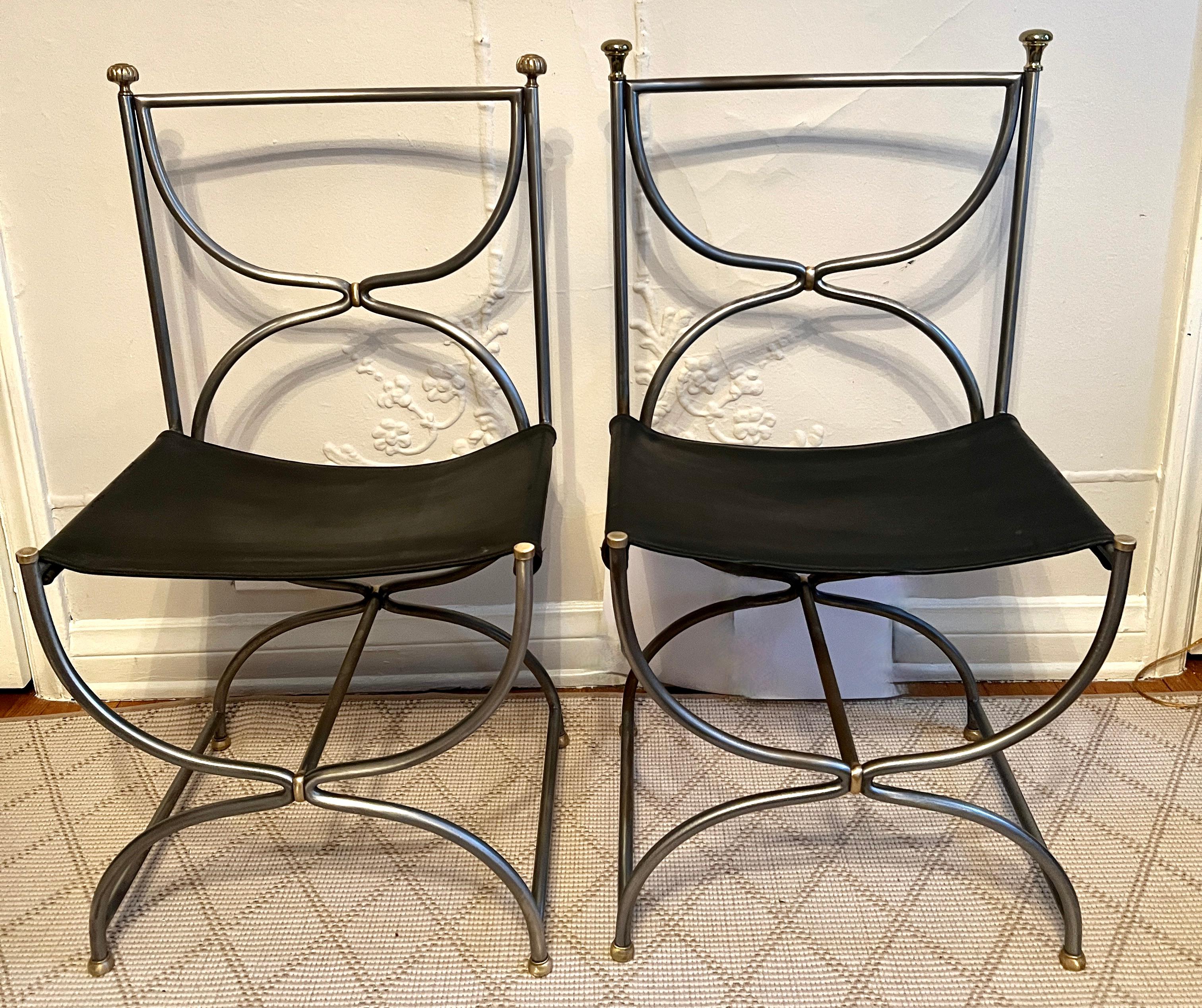 20th Century Pair Maison Jansen Italian Steel Brass and Leather Curule Chairs Ca, 1960 For Sale