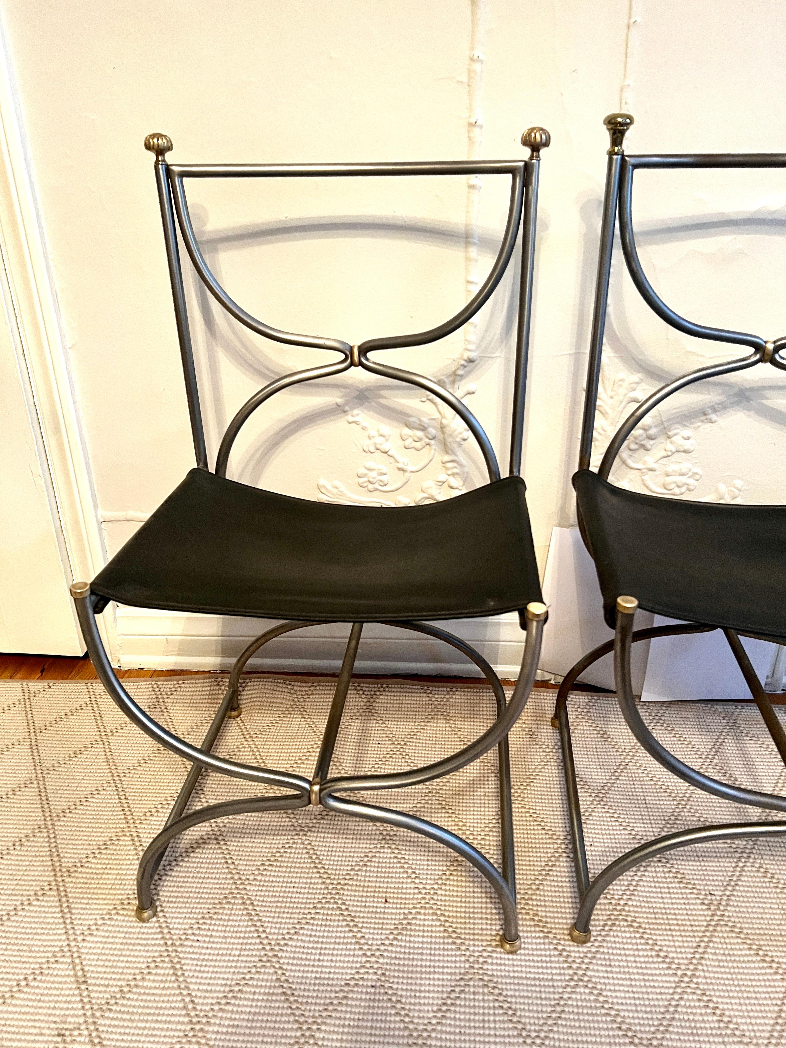 Pair Maison Jansen Italian Steel Brass and Leather Curule Chairs Ca, 1960 For Sale 1