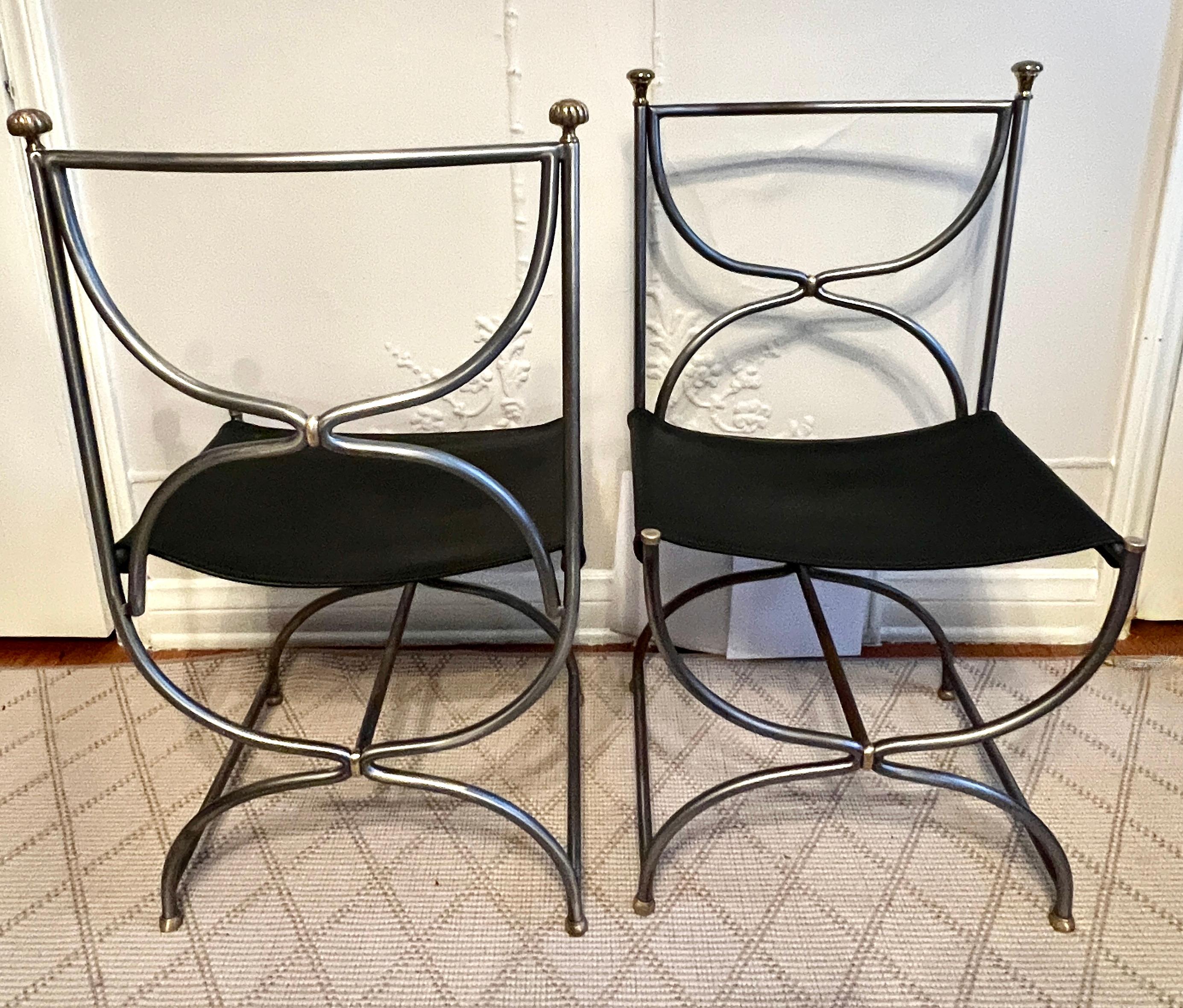 Pair Maison Jansen Italian Steel Brass and Leather Curule Chairs Ca, 1960 For Sale 3