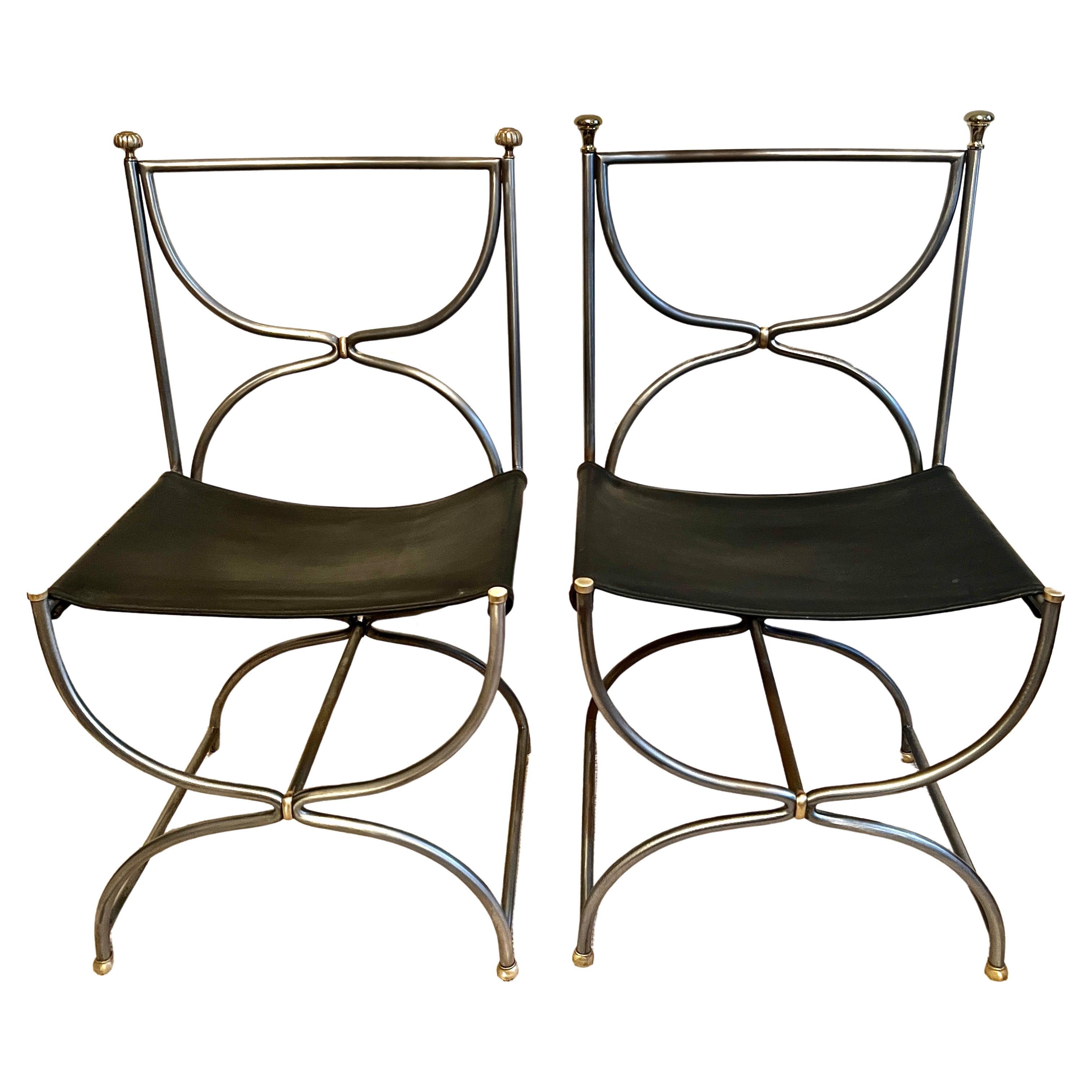 Pair Maison Jansen Italian Steel Brass and Leather Curule Chairs Ca, 1960 For Sale