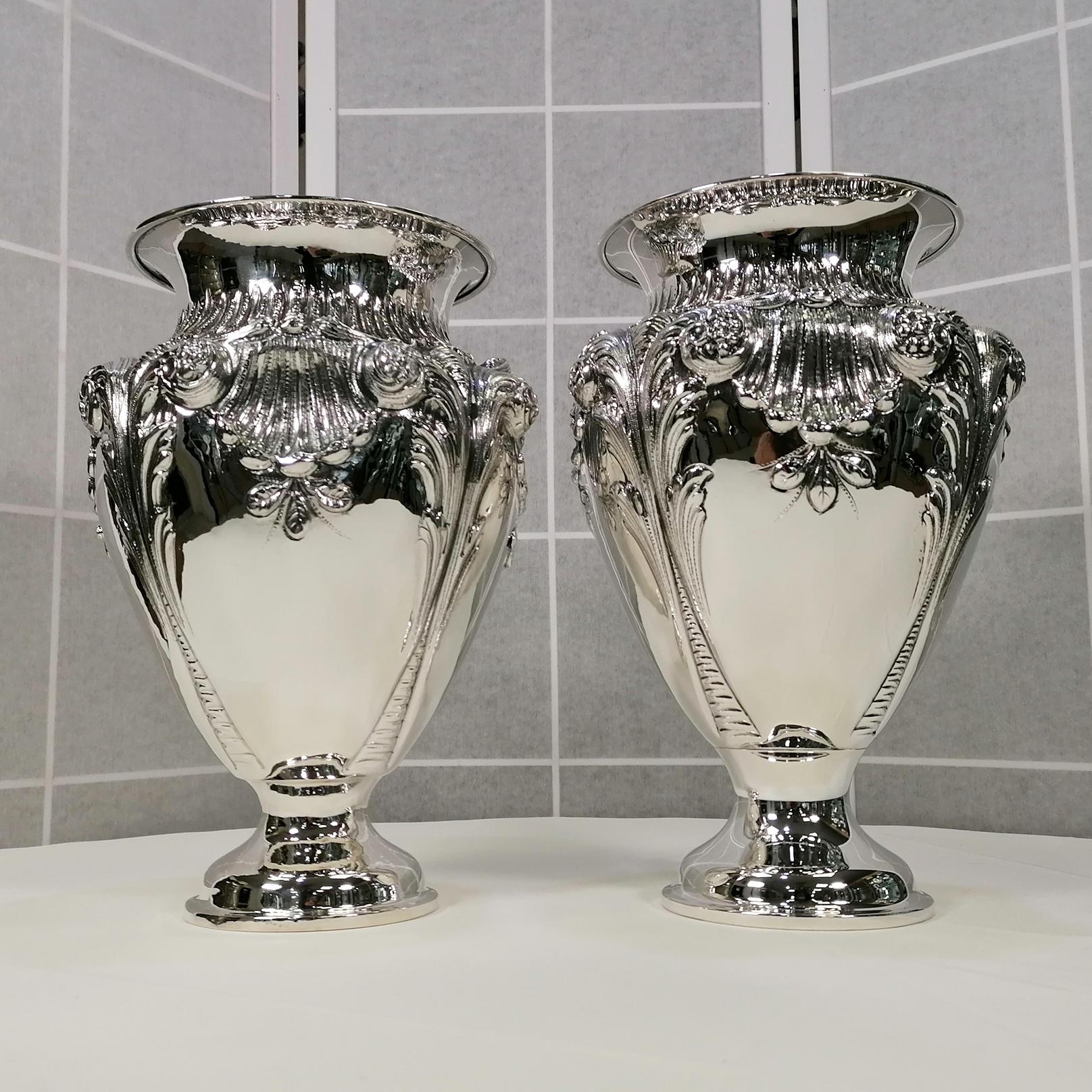 Engraved Pair of Italian Sterling Silver Baroque vase For Sale