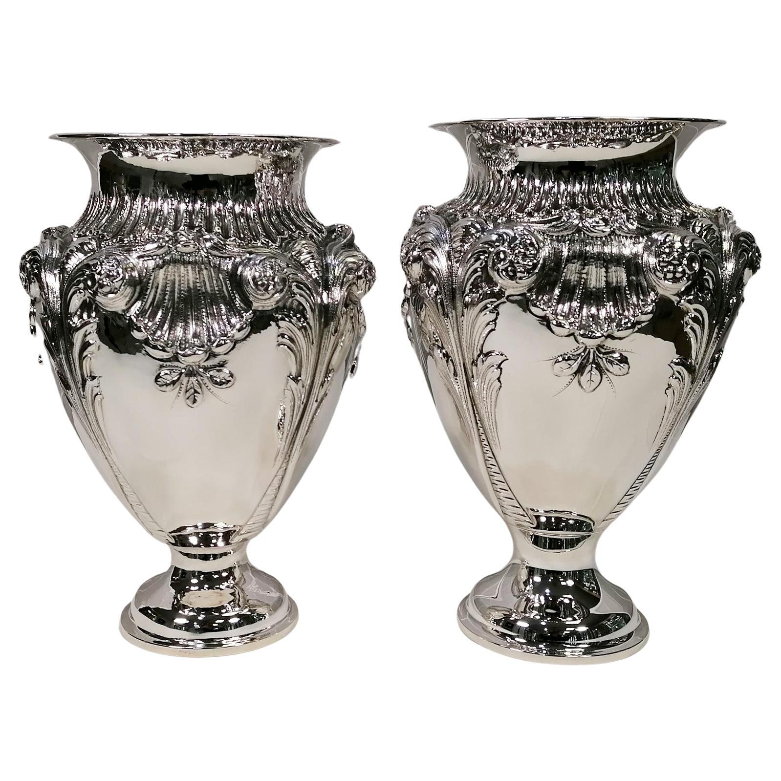 Pair of Italian Sterling Silver Baroque vase For Sale