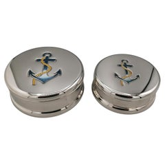 Pair of Italian Sterling Silver two different sizes boxes with enamelled Anchor