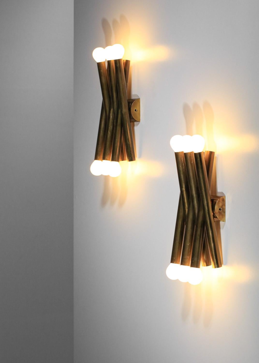 Brass Pair of Italian Stilnovo sconces in brass tube from the 60s - F242