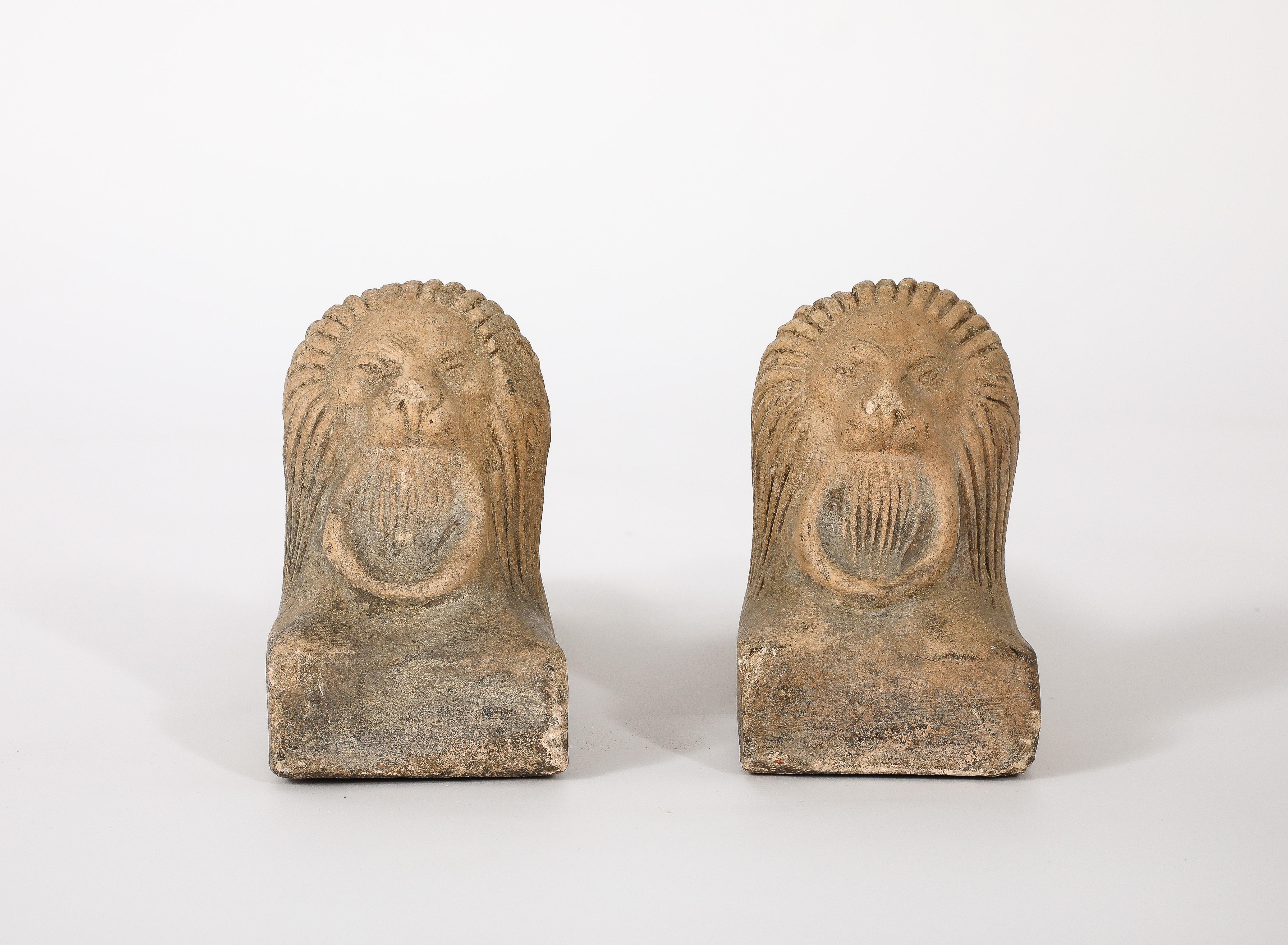 Hand-Carved Pair of Italian Stone Lions For Sale