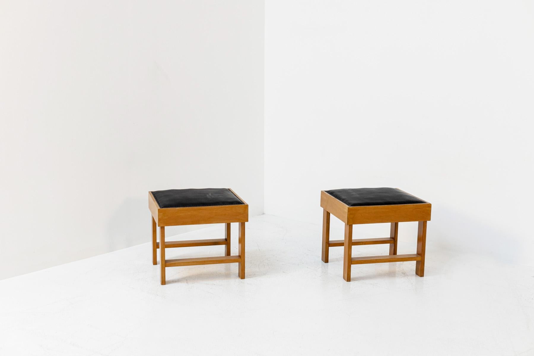 Beautiful Italian stools attr. to BBPR from the 1950s.
The two BBPR stools were made with fine pear wood for the frame, while the seat is lined with black faux leather and attached through black painted metal studs.
The stools have been restored