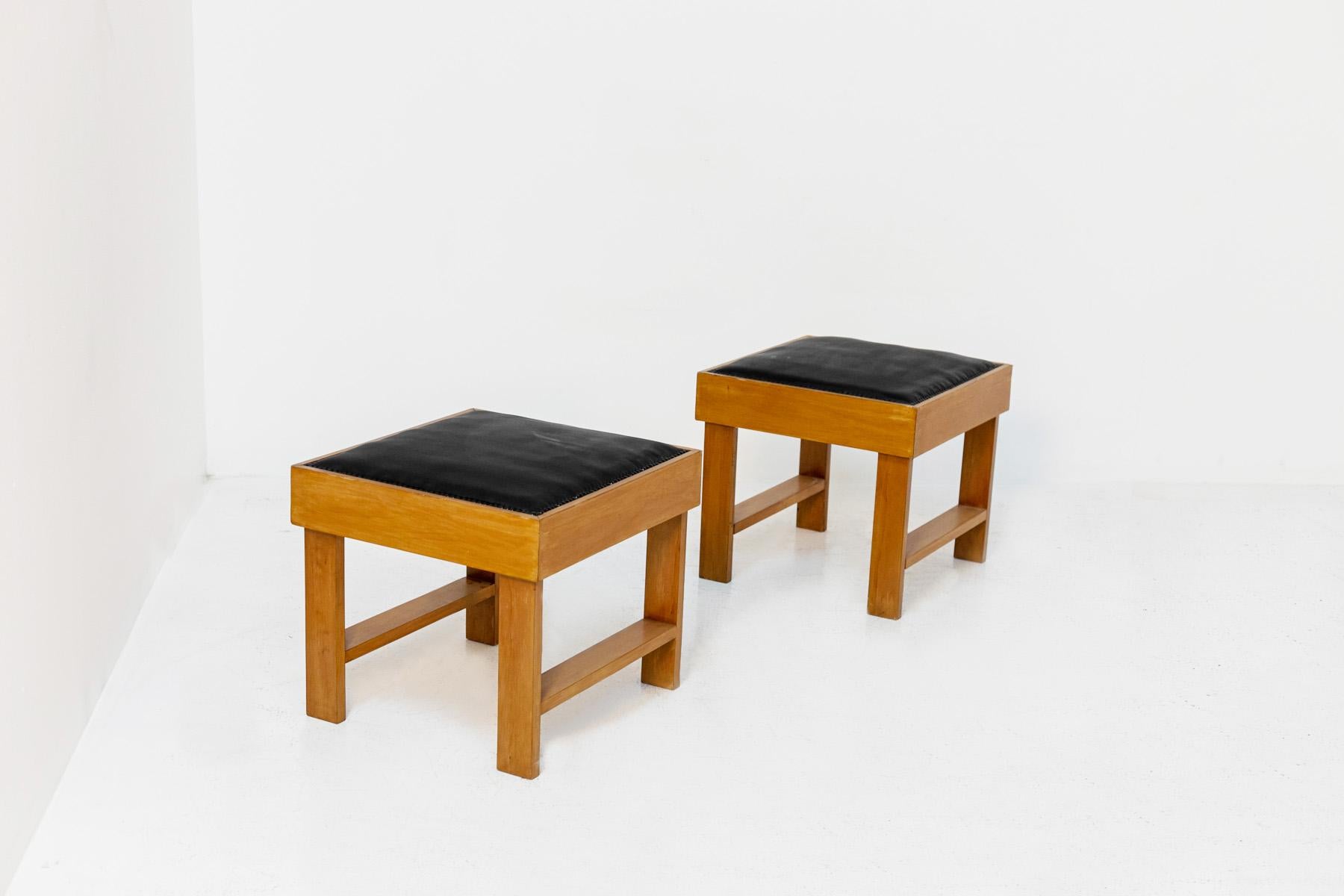 Mid-Century Modern Pair of Italian Stools Attr. to BBPR in Wood and Black Leather