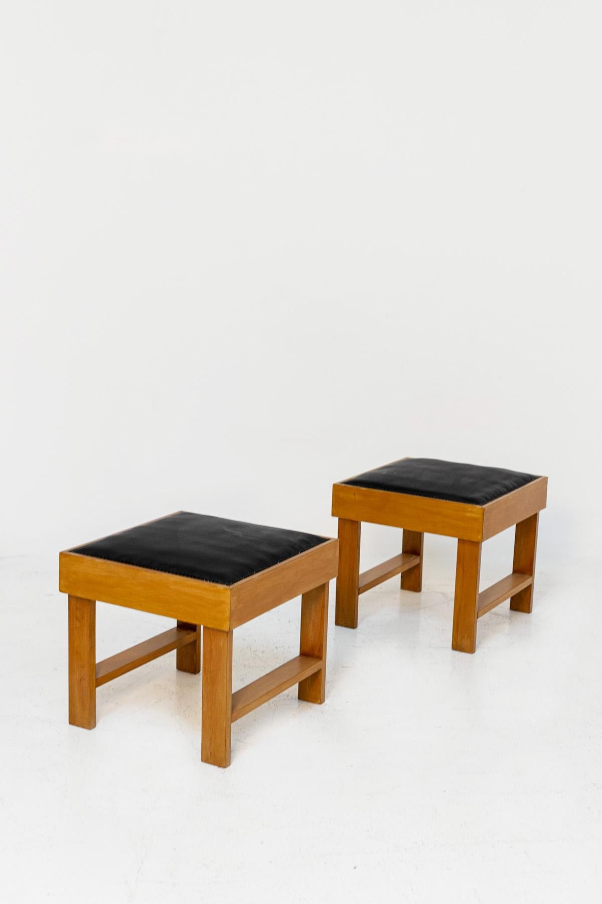 Pair of Italian Stools Attr. to BBPR in Wood and Black Leather 1